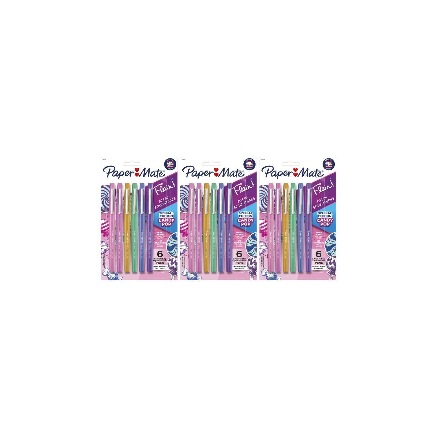 Paper Mate® Flair Felt Tip Pens, Medium Point (0.7mm), Candy Pop Pack, 6 Per Pack, 3 Packs