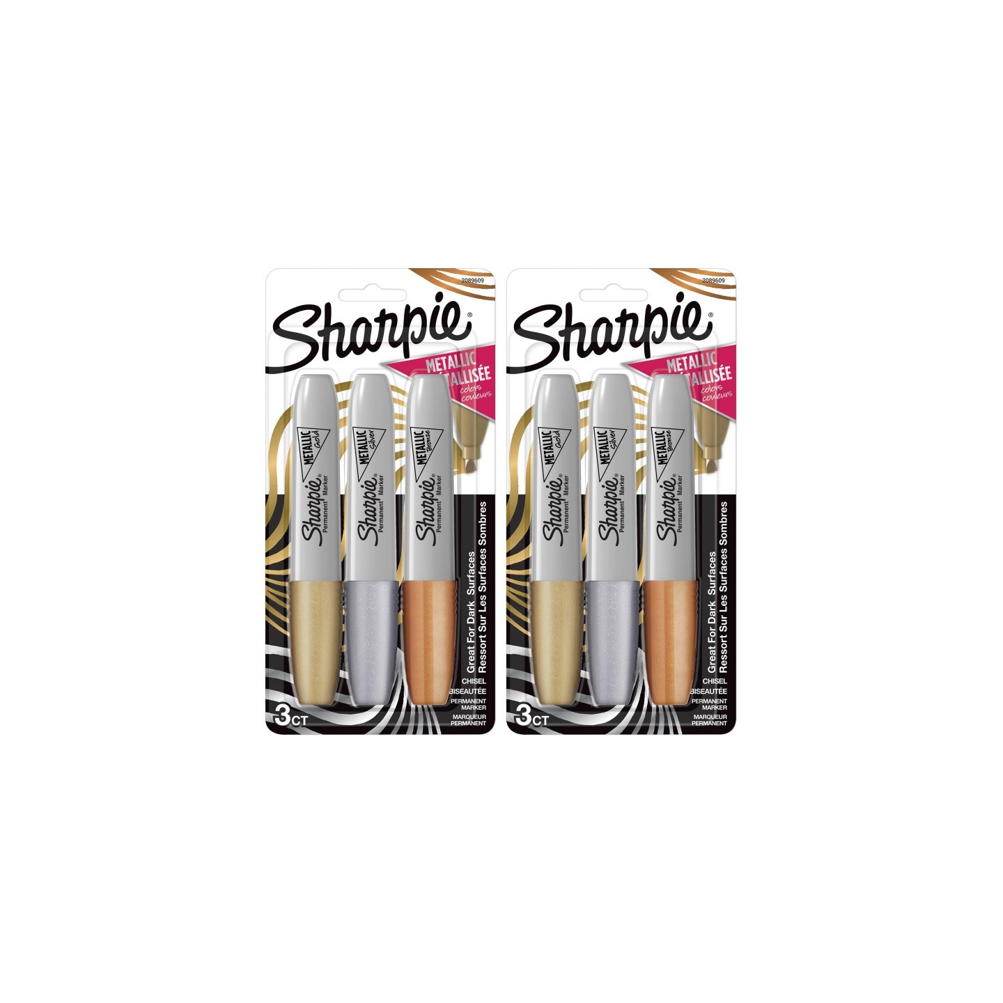 Sharpie® Metallic Permanent Markers, Chisel Tip, Assorted Colors, 3 Per Pack, 2 Packs