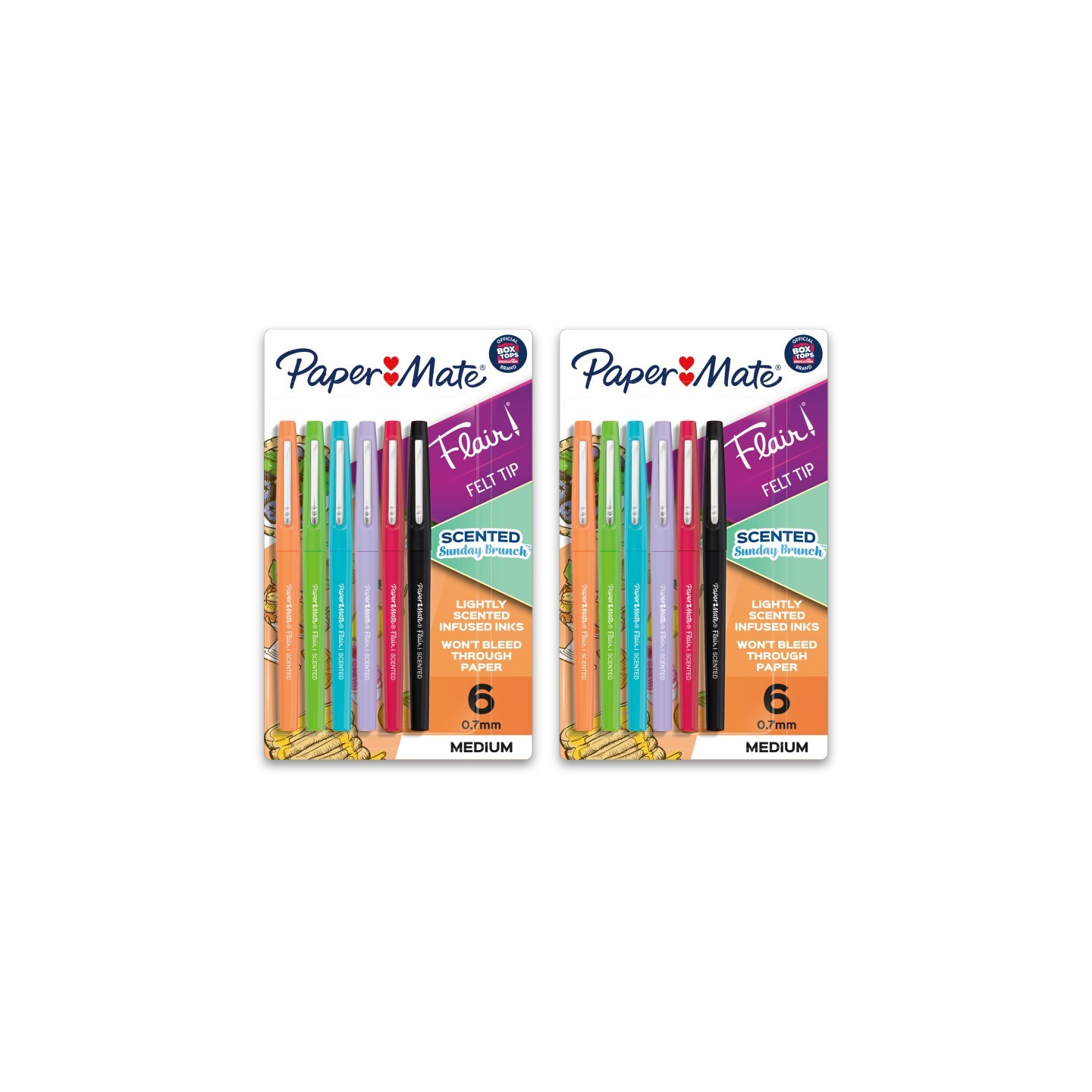 Paper Mate® Flair, Scented Felt Tip Pens, Assorted Sunday Brunch Scents & Colors, 0.7mm, 6 Per Pack, 2 Packs