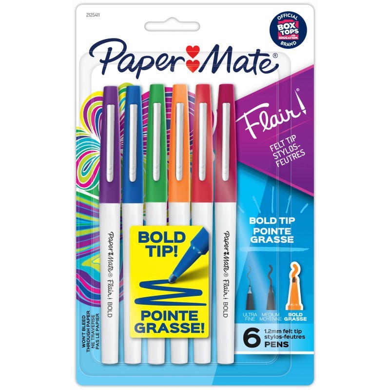 Paper Mate® Flair Felt Tip Pens, Bold Tip (1.2 mm), Assorted Colors, 6 Count