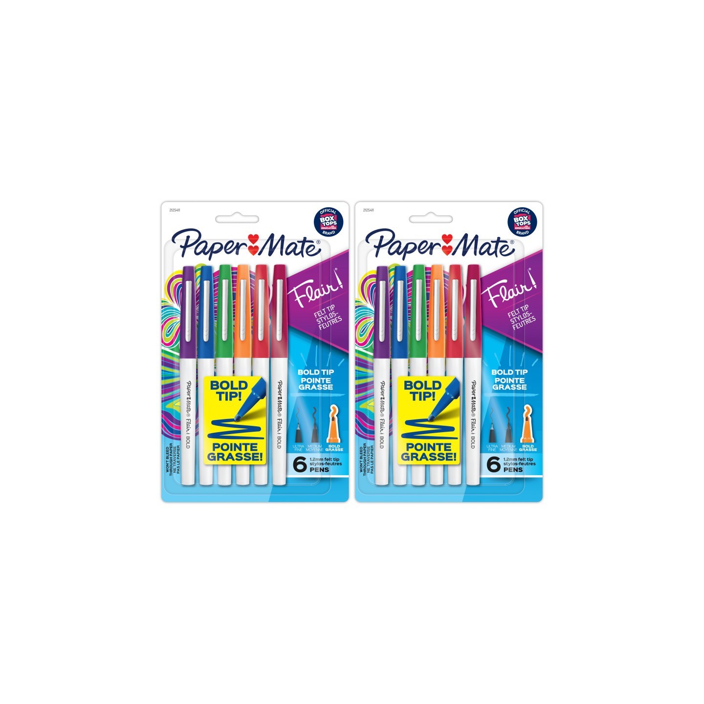 Paper Mate® Flair Felt Tip Pens, Bold Tip (1.2 mm), Assorted Colors, 6 Per Pack, 2 Packs