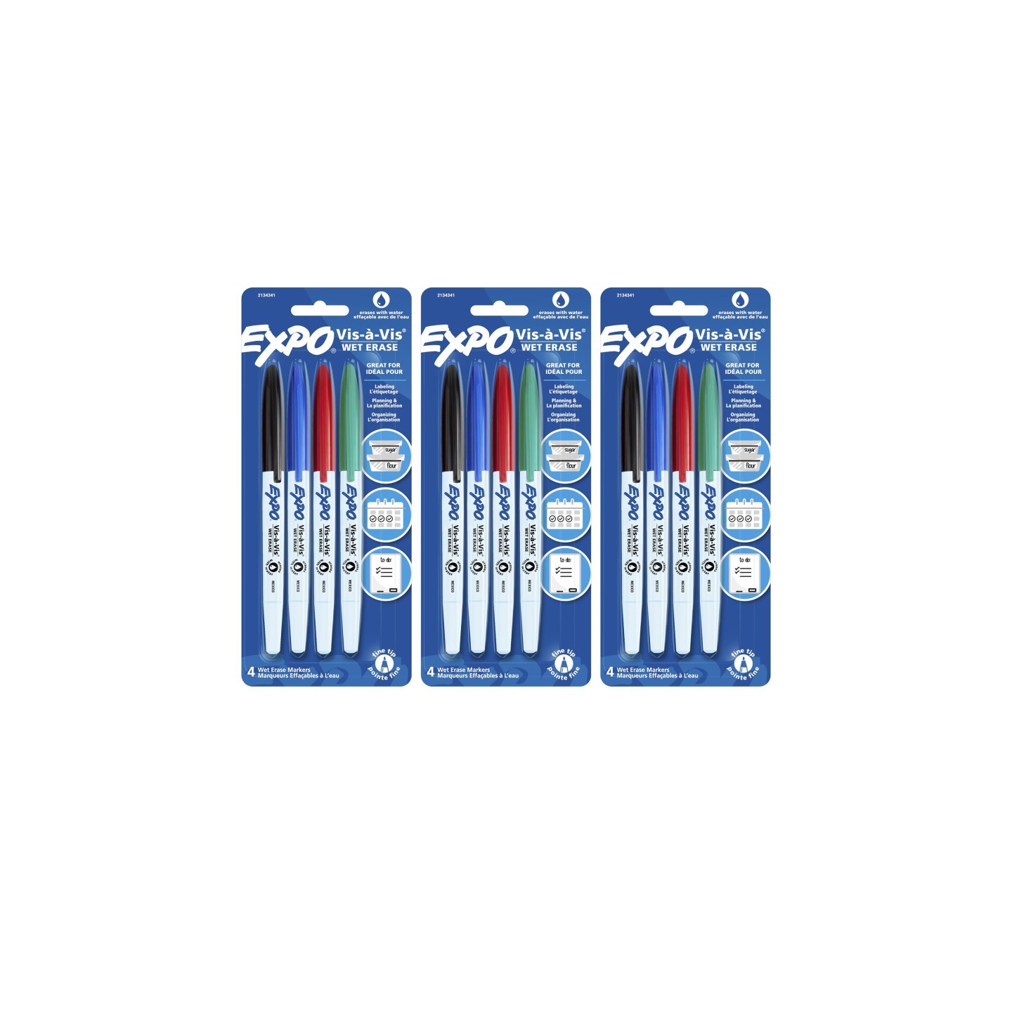 EXPO® Vis-à-Vis Wet Erase Marker Set, Fine Tip, 4 Colors Per Pack, 3 Packs