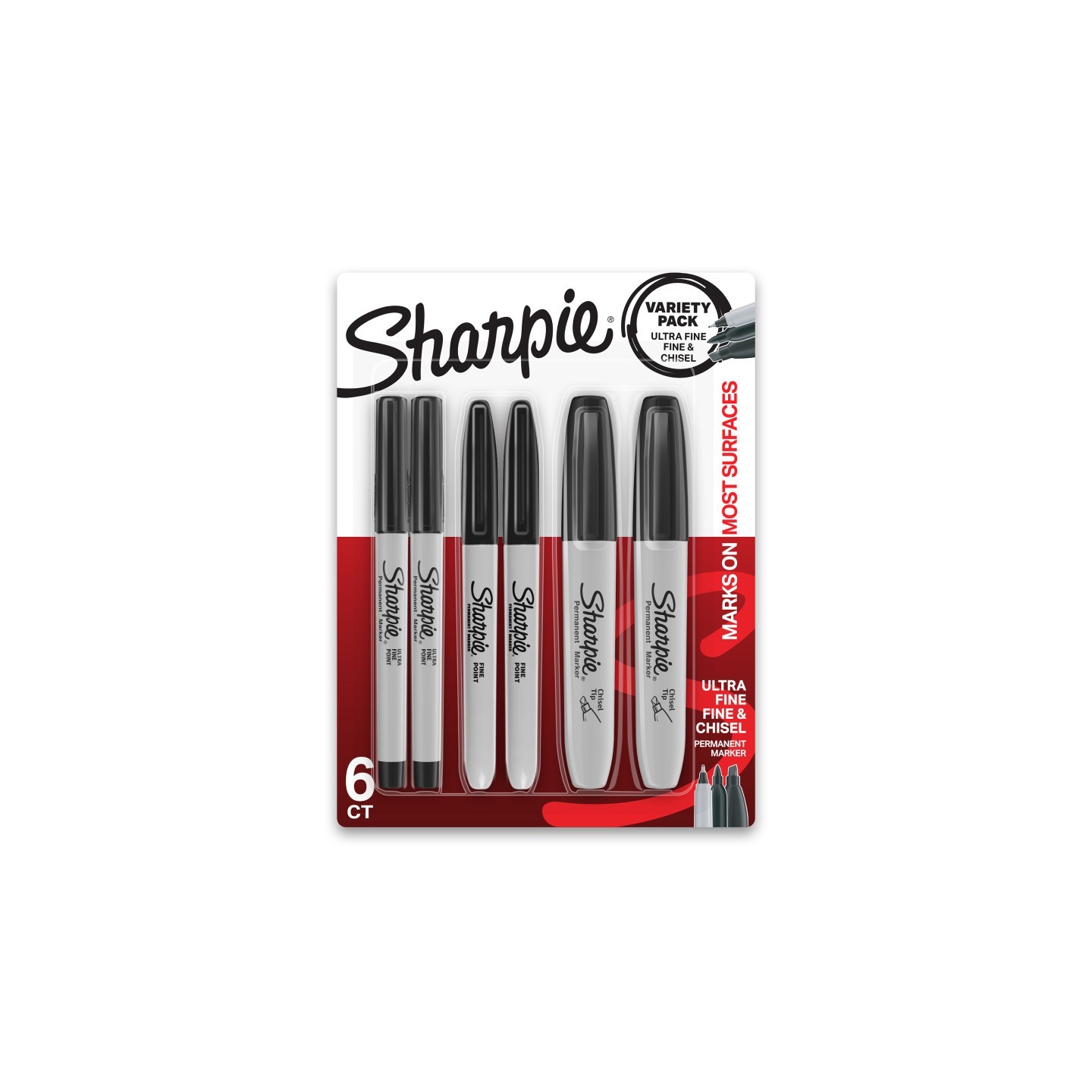 Sharpie® Permanent Markers Variety Pack, Fine, Ultra-Fine, & Chisel-Point Markers, Black, 6 Count