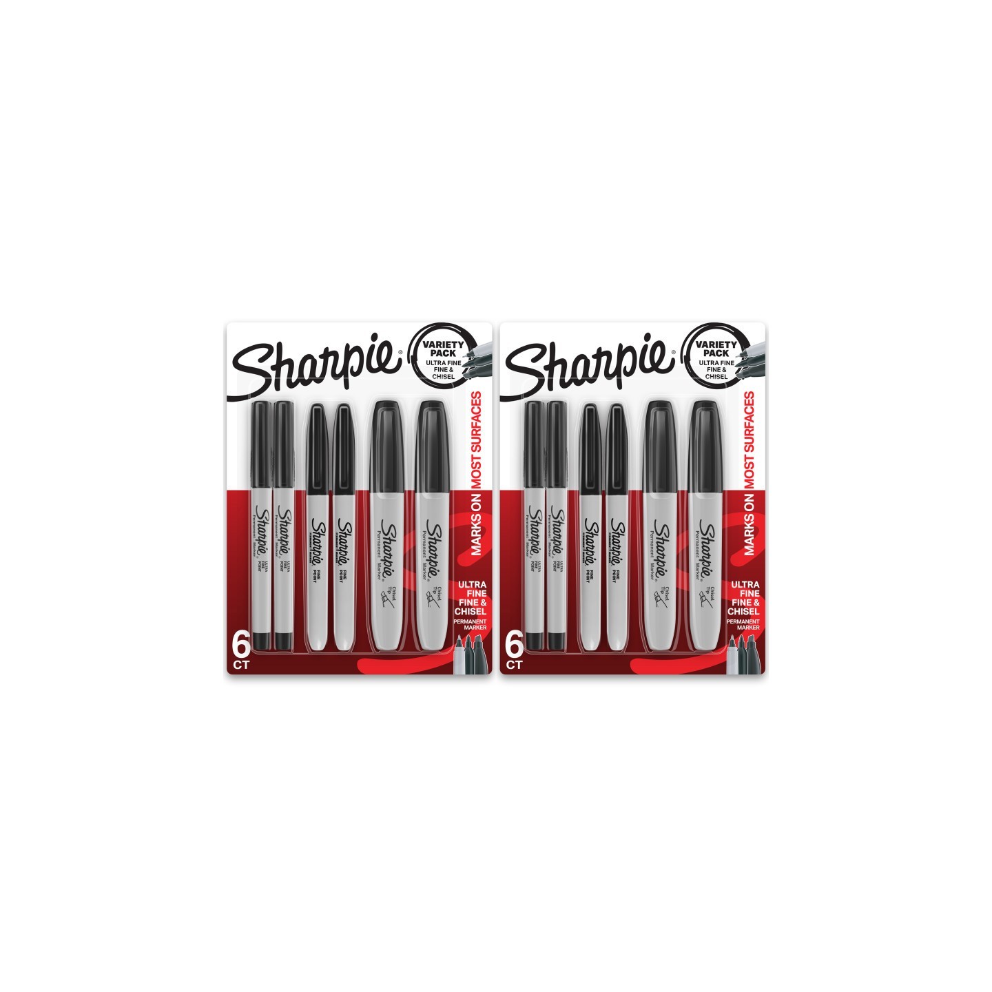 Sharpie® Permanent Markers Variety Pack, Fine, Ultra-Fine, & Chisel-Point Markers, Black, 6 Per Pack, 2 Packs