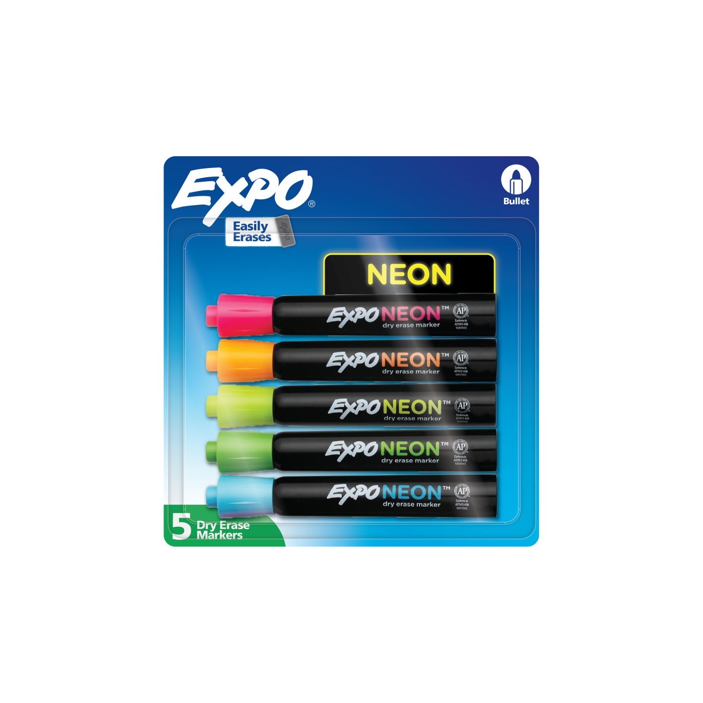 EXPO® Neon Dry Erase Markers, Assorted Colors, Bullet Tip, 5 Count