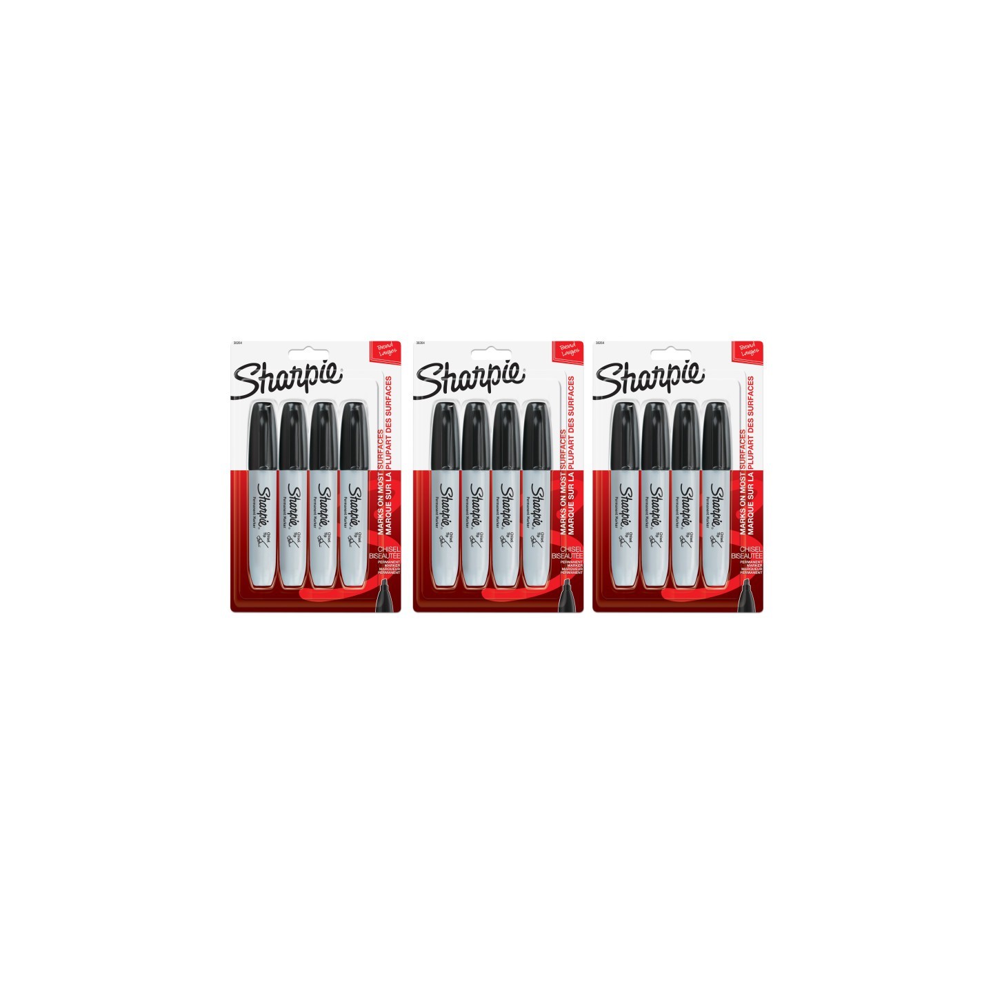 Sharpie® Chisel Tip Permanent Marker, Black, 4 Per Pack, 3 Packs
