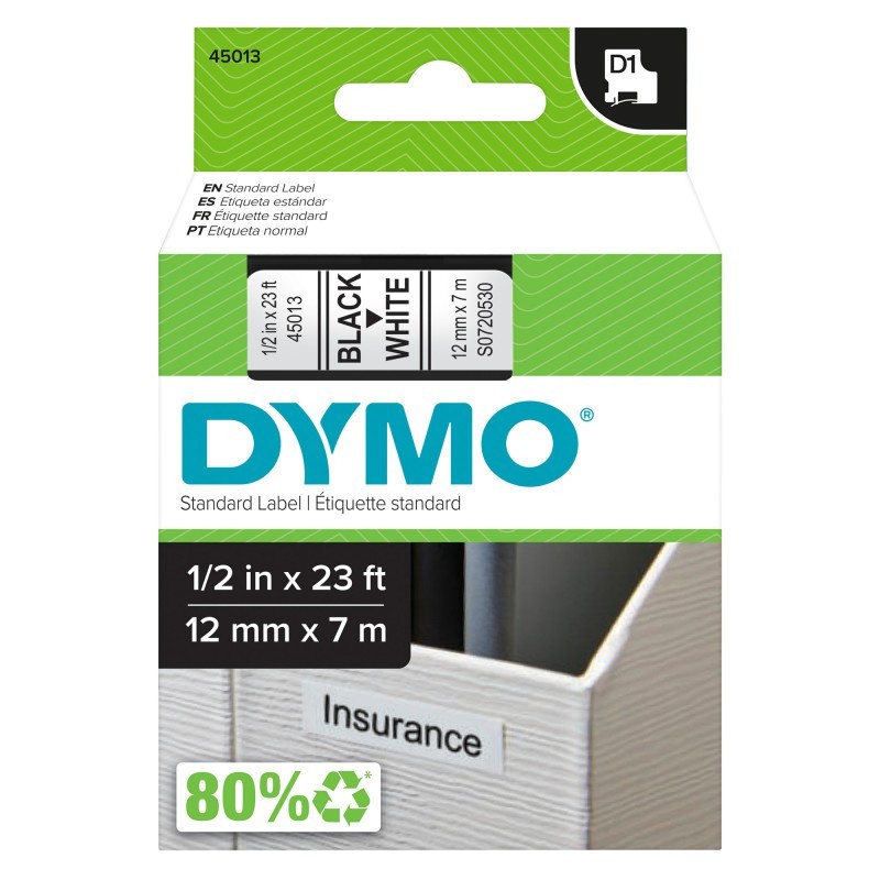 DYMO Standard D1 Labeling Tape for LabelManager Label Makers, Black Print on White Tape, 1/2'' W x 23' L, 1 Cartridge
