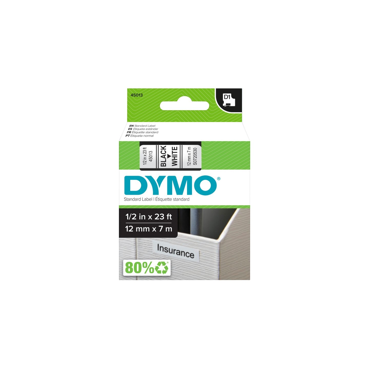 DYMO Standard D1 Labeling Tape for LabelManager Label Makers, Black Print on White Tape, 1/2'' W x 23' L, 1 Cartridge