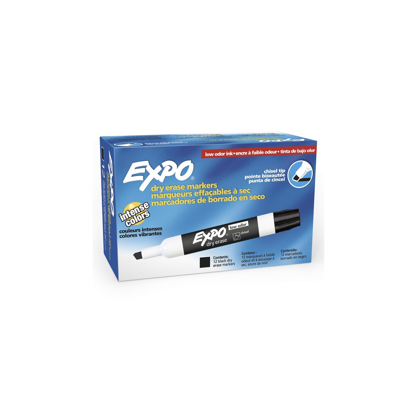 EXPO® Low-Odor Dry Erase Markers, Chisel Tip, Black, Box of 12