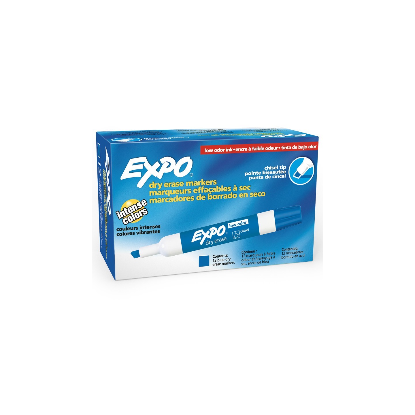 EXPO® Low-Odor Dry Erase Markers, Chisel Tip, Blue, Box of 12