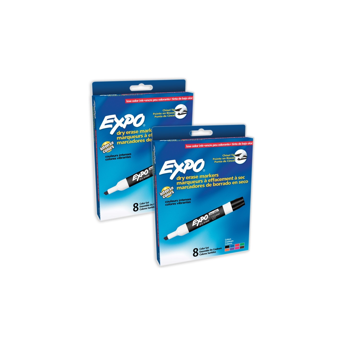 EXPO® Low-Odor Dry Erase Markers, Chisel Tip, 8 Colors, 8 Per Pack, 2 Packs