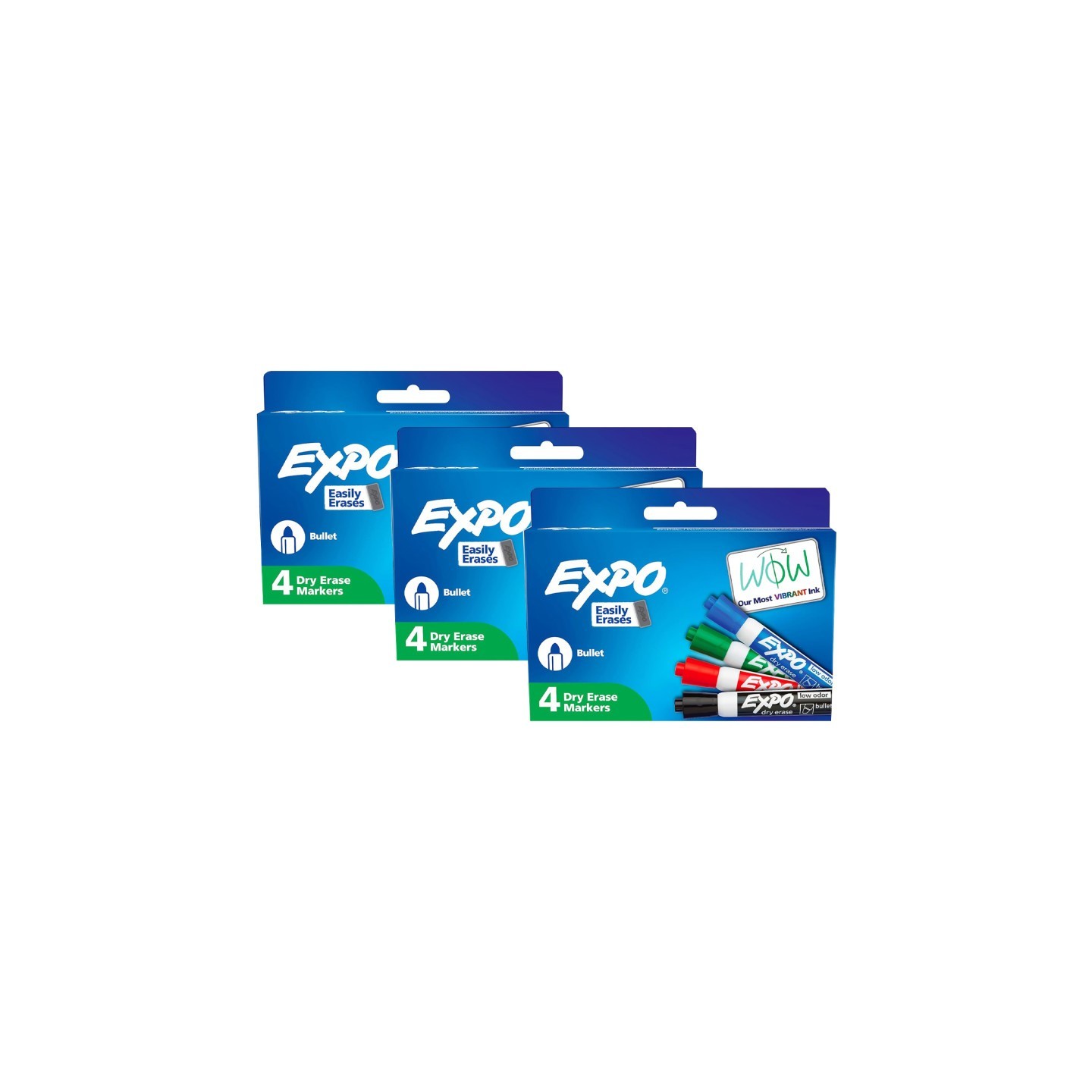 EXPO® Low Odor Dry Erase Markers, Bullet Tip, Assorted Colors, 4 Per Pack, 3 Packs