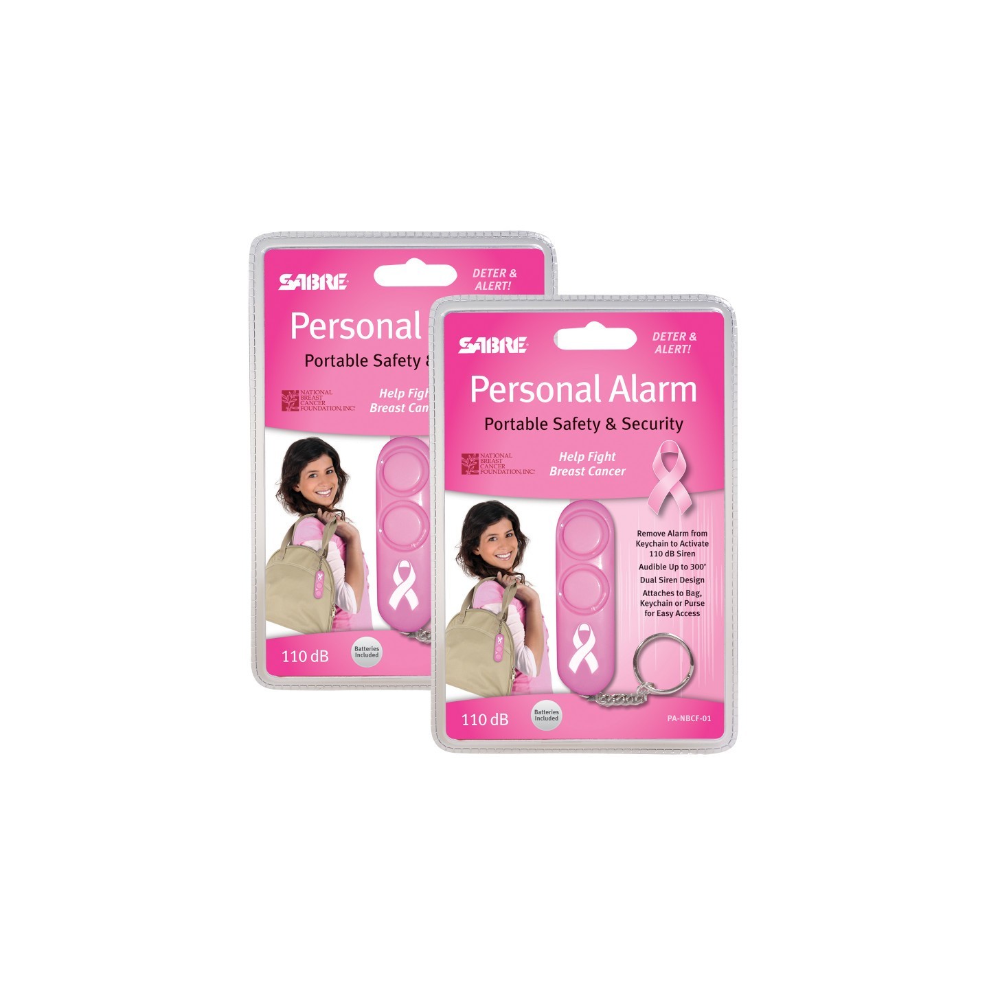 SABRE Personal Alarm - Pink (Supports NBCF), Pack of 2