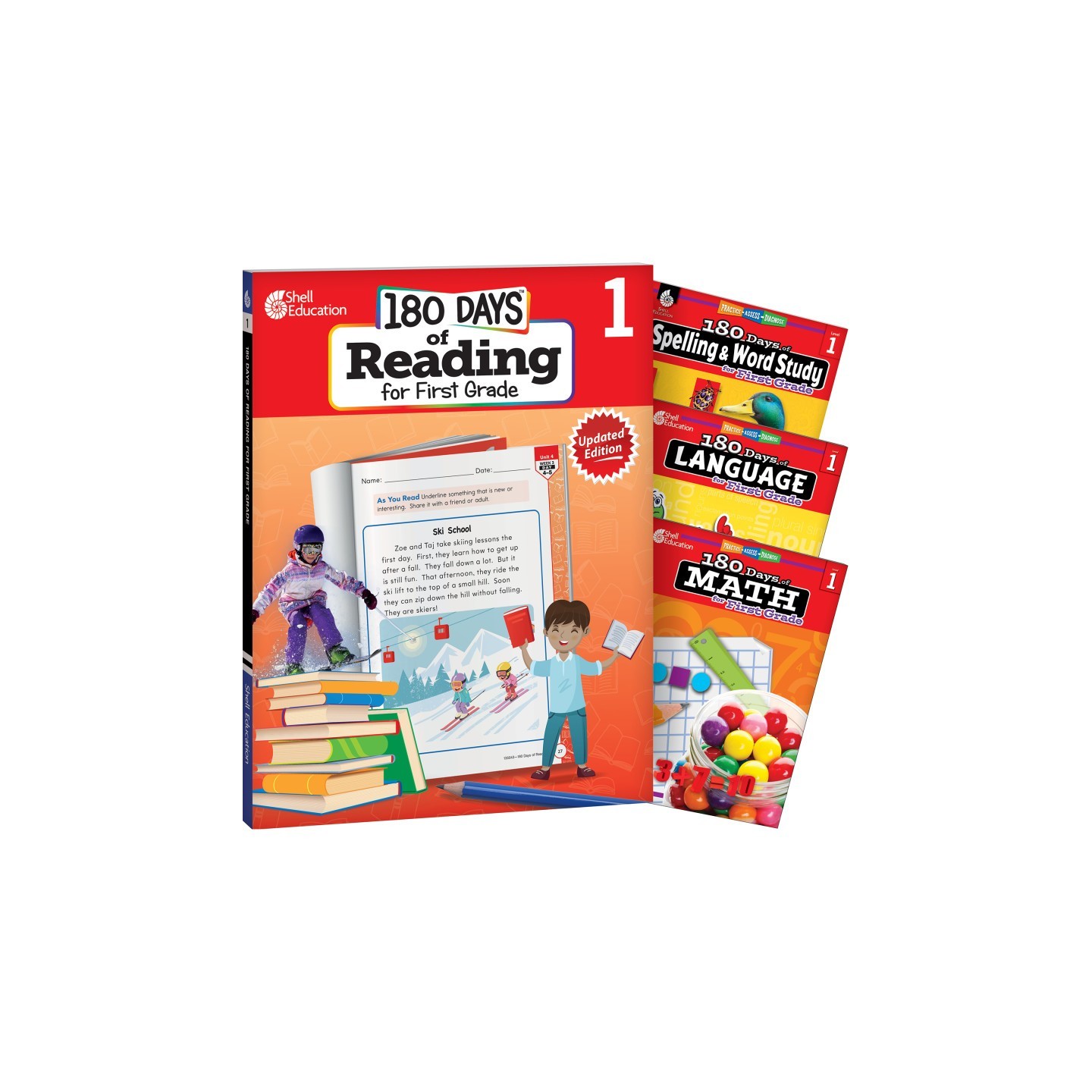 Shell Education 180 Days Reading, Spelling, Language, & Math Grade 1: 4-Book Set
