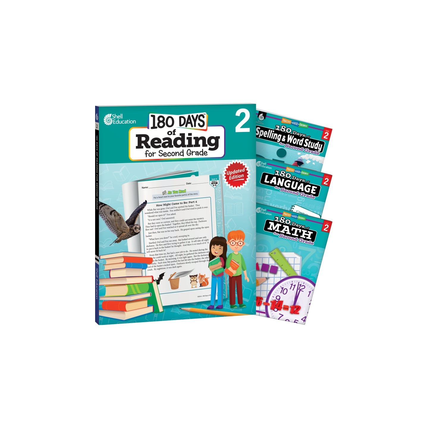 Shell Education 180 Days Reading, Spelling, Language, & Math Grade 2: 4-Book Set