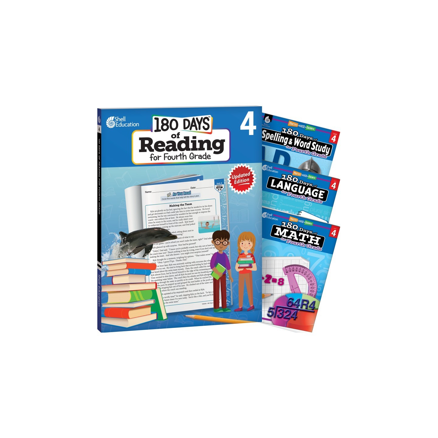 Shell Education 180 Days Reading, Spelling, Language, & Math Grade 4: 4-Book Set