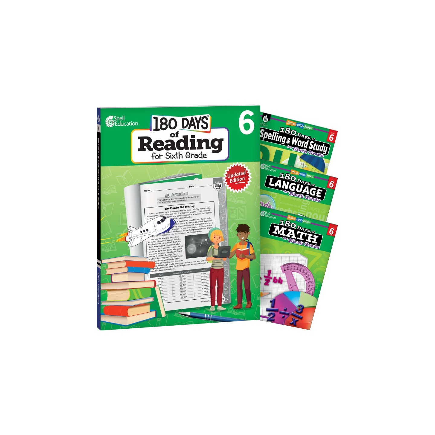 Shell Education 180 Days Reading, Spelling, Language, & Math Grade 6: 4-Book Set