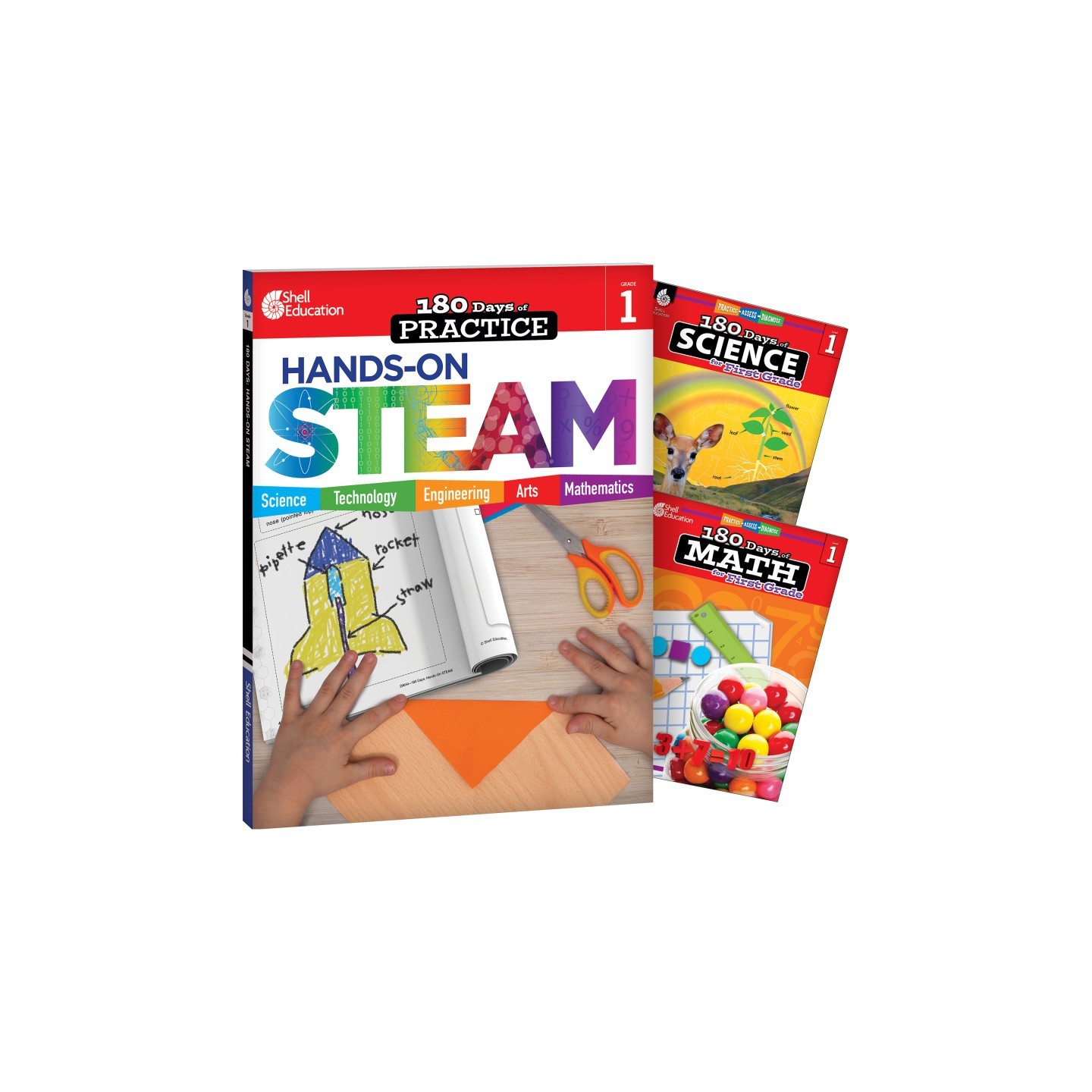 Shell Education 180 Days STEAM, Science, & Math Grade 1: 3-Book Set