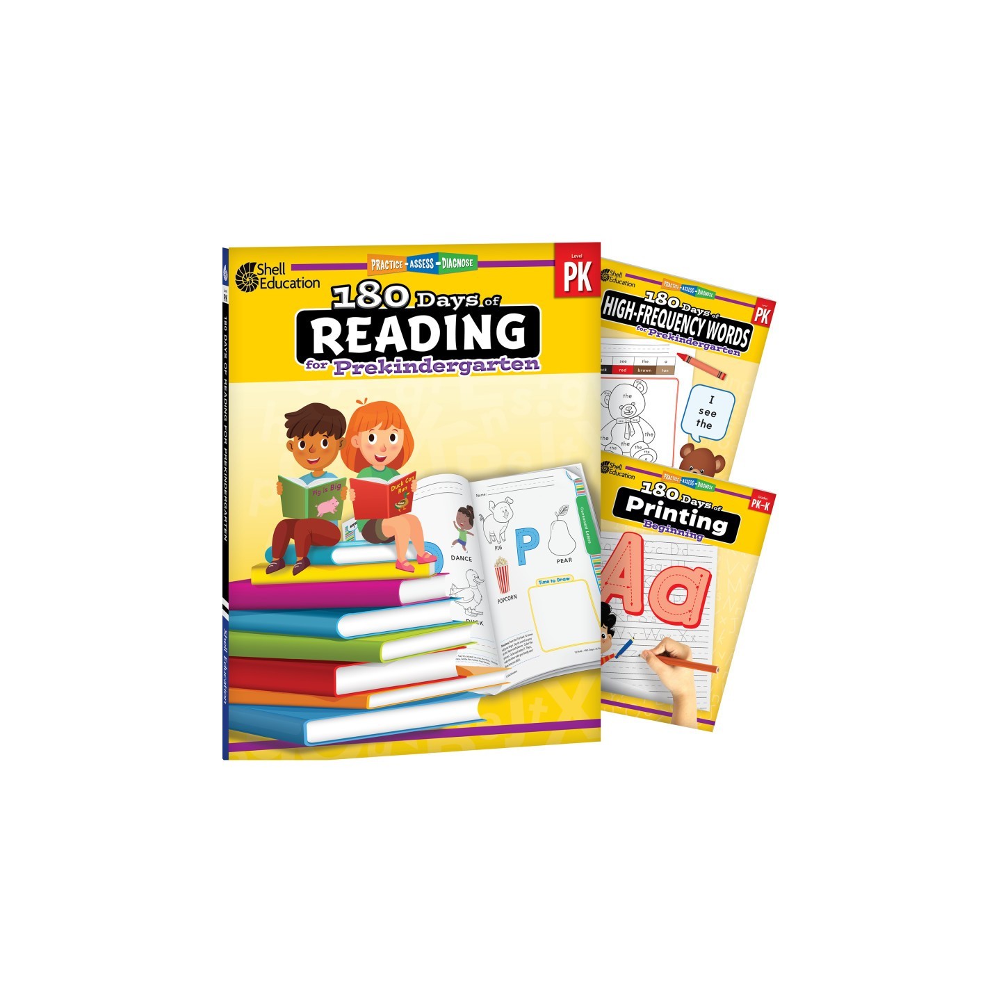 Shell Education 180 Days Reading, High-Frequency Words, & Printing Grade PK: 3-Book Set