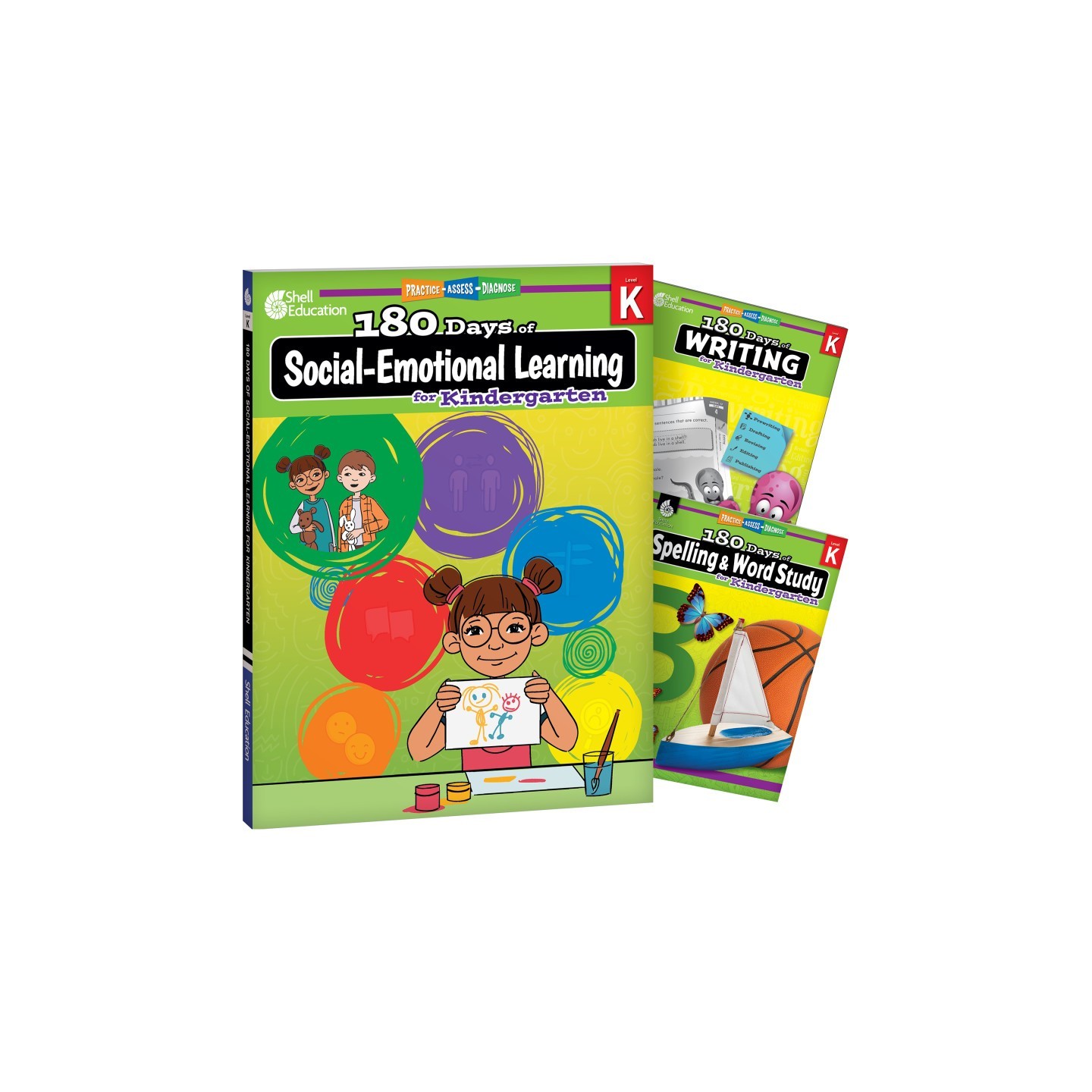 Shell Education 180 Days Social-Emotional Learning, Writing, & Spelling Grade K: 3-Book Set