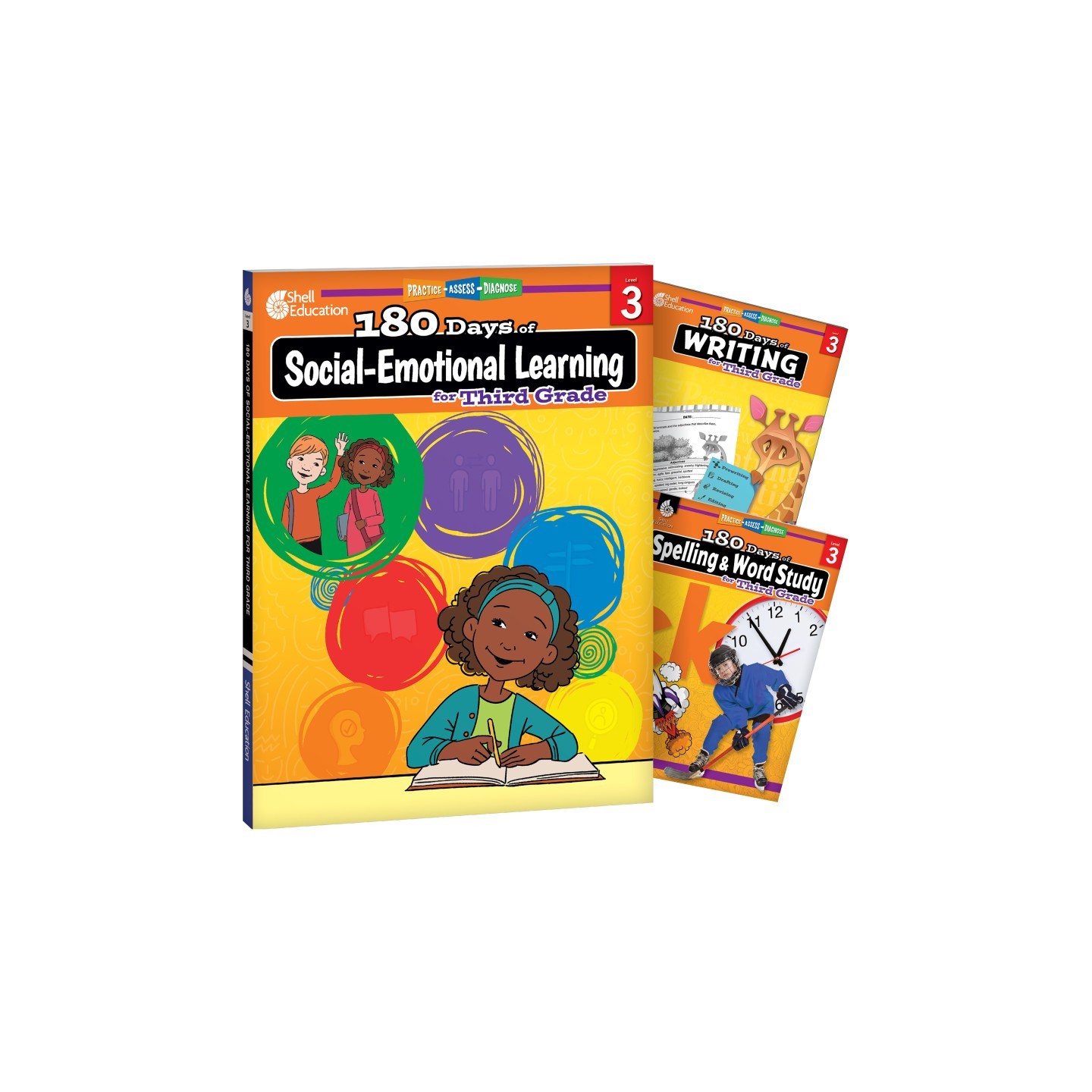 Shell Education 180 Days Social-Emotional Learning, Writing, & Spelling Grade 3: 3-Book Set