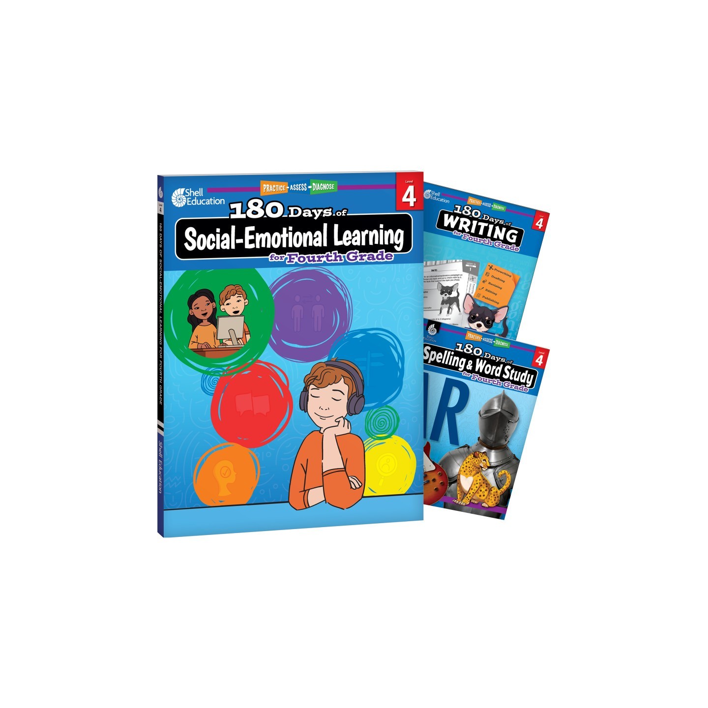 Shell Education 180 Days Social-Emotional Learning, Writing, & Spelling Grade 4: 3-Book Set