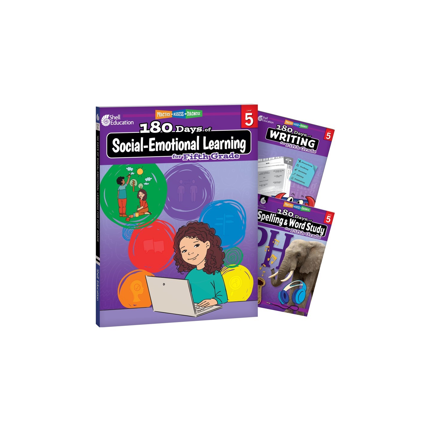 Shell Education 180 Days Social-Emotional Learning, Writing, & Spelling Grade 5: 3-Book Set
