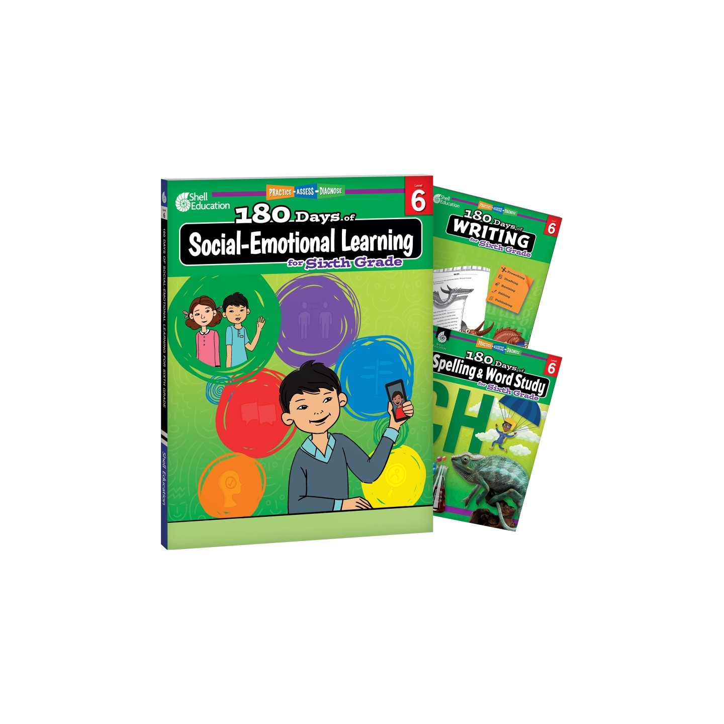 Shell Education 180 Days Social-Emotional Learning, Writing, & Spelling Grade 6: 3-Book Set