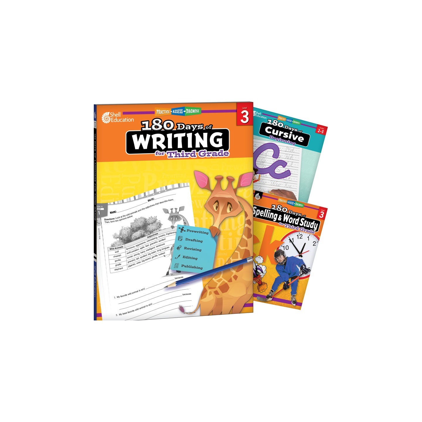 Shell Education 180 Days Writing, Spelling, & Cursive Grade 3: 3-Book Set