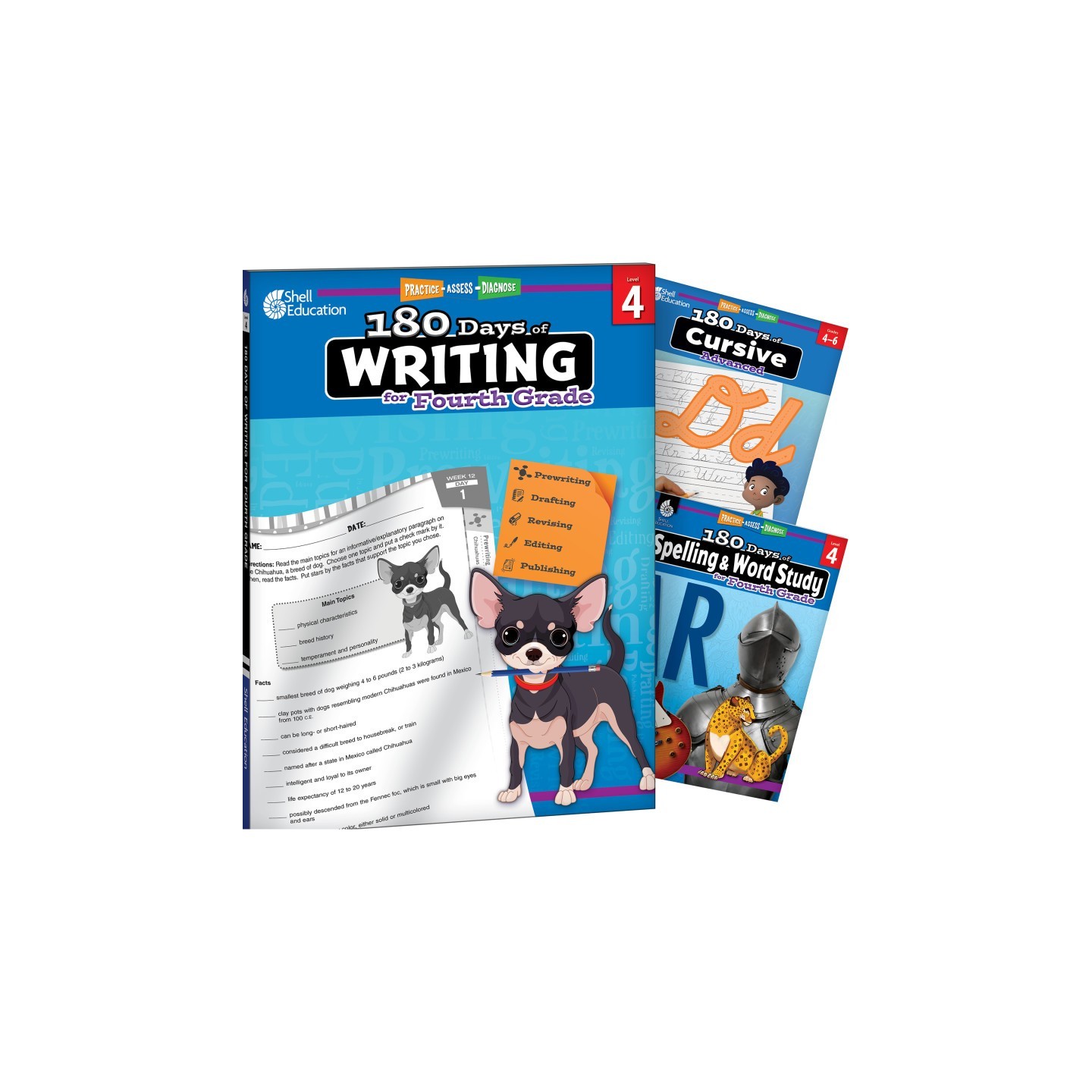 Shell Education 180 Days Writing, Spelling, & Cursive Grade 4: 3-Book Set