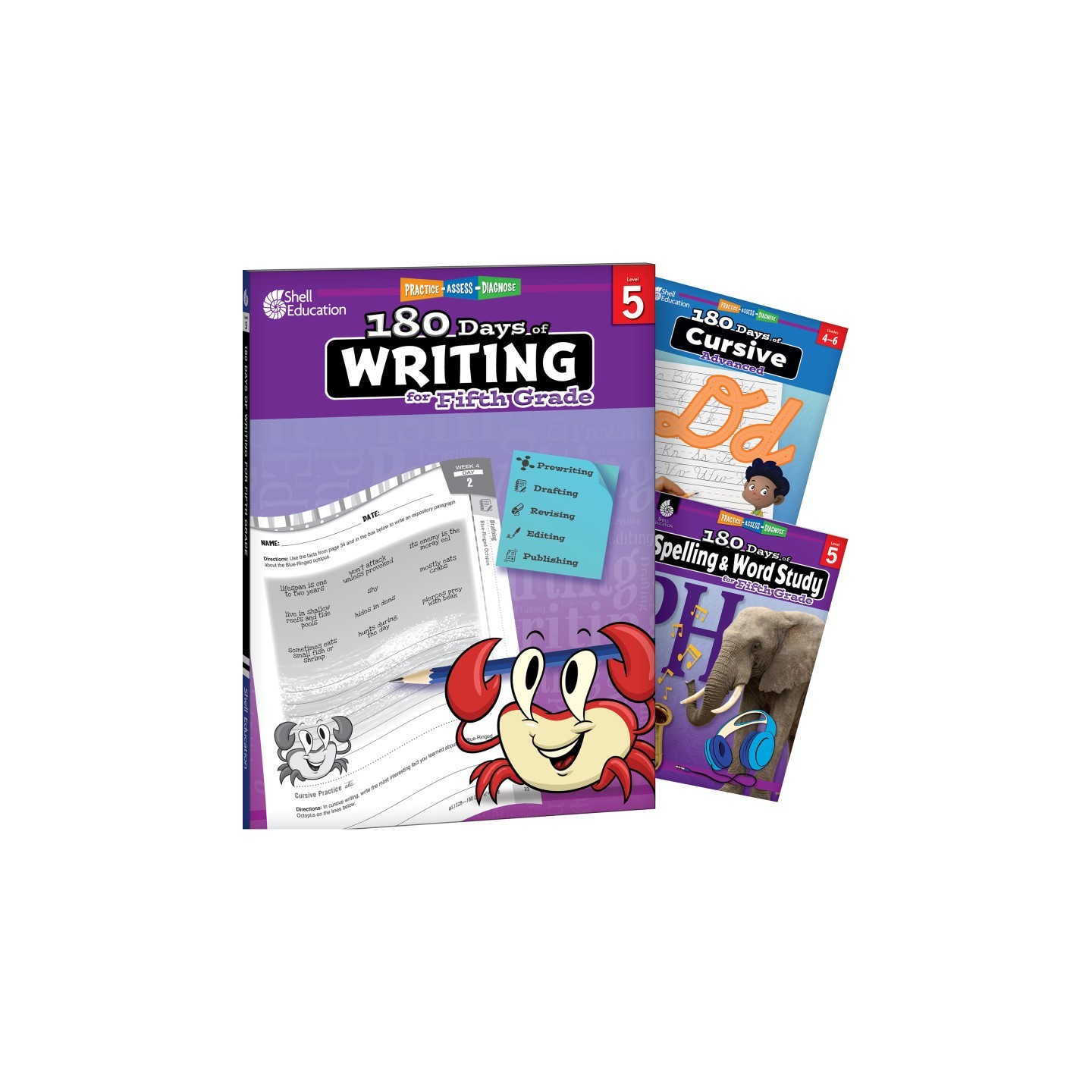 Shell Education 180 Days Writing, Spelling, & Cursive Grade 5: 3-Book Set