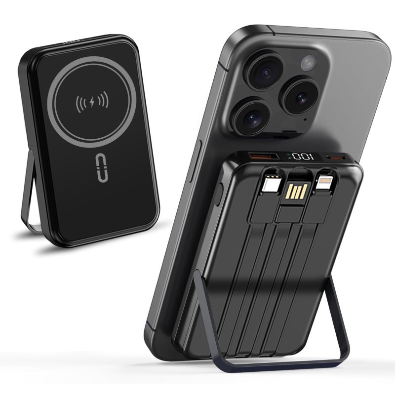 Alpha Digital 10,000mAh Magnetic Wireless Power Bank with Metal Stand + Built-in Cables, Black