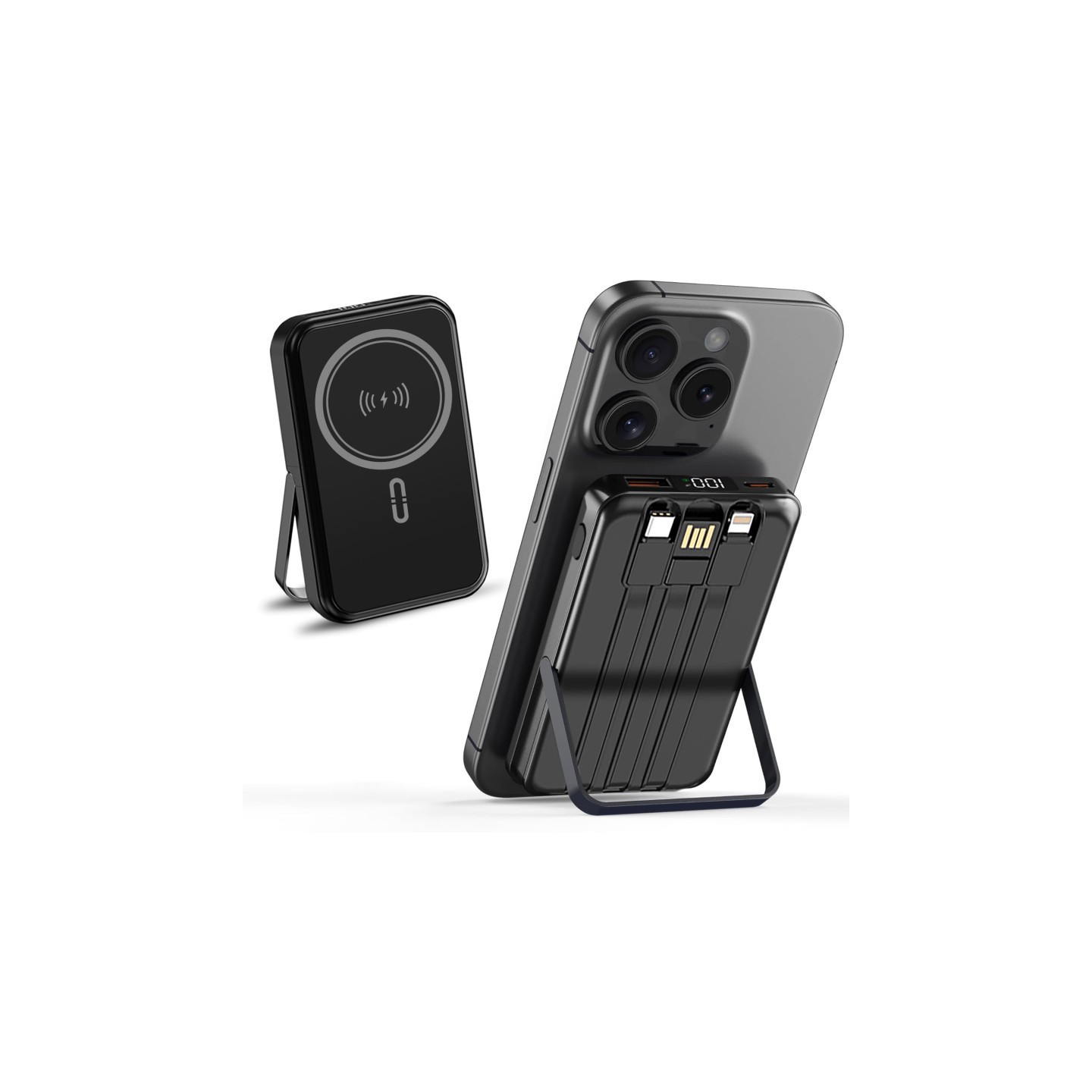 Alpha Digital 10,000mAh Magnetic Wireless Power Bank with Metal Stand + Built-in Cables, Black