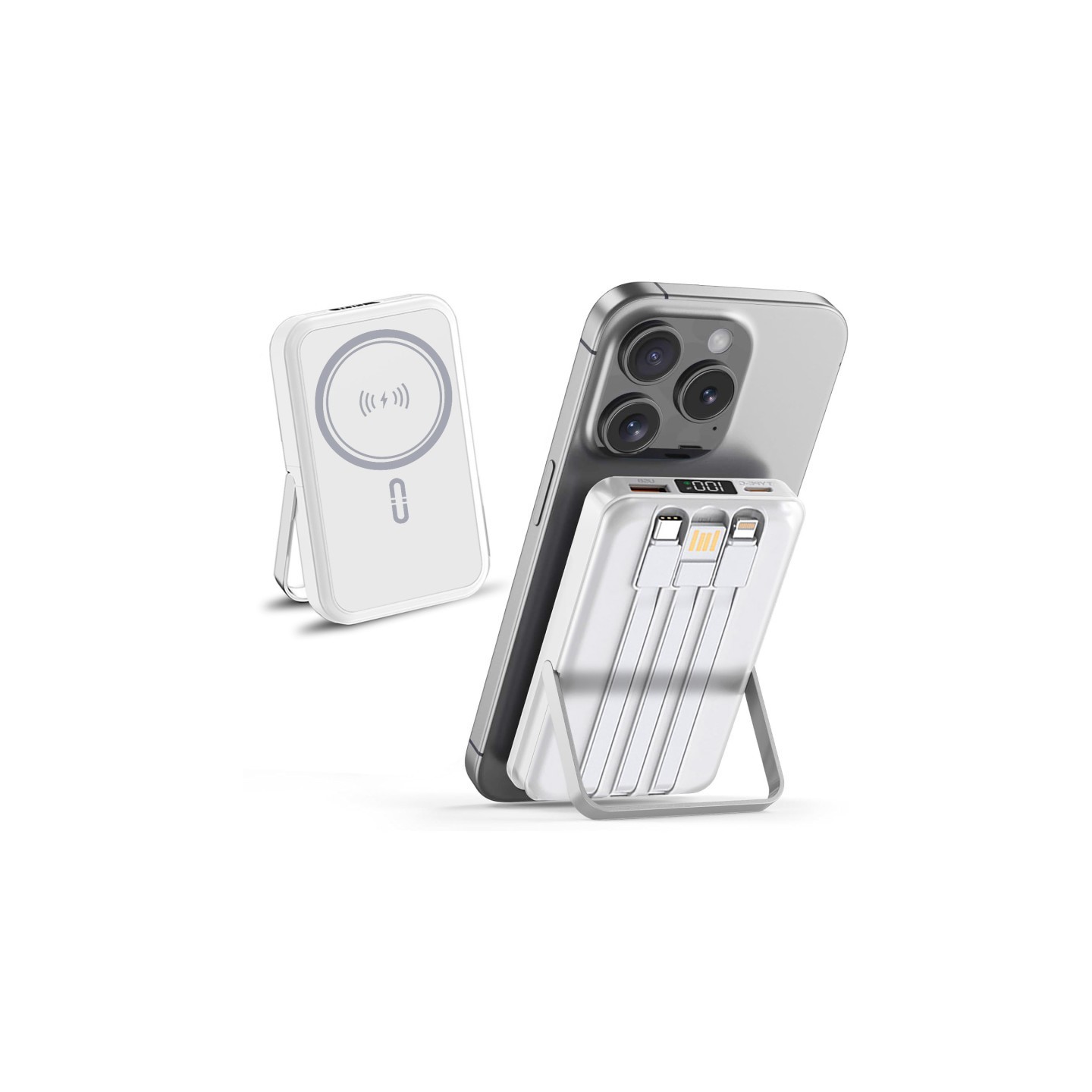 Alpha Digital 10,000mAh Magnetic Wireless Power Bank with Metal Stand + Built-in Cables, White