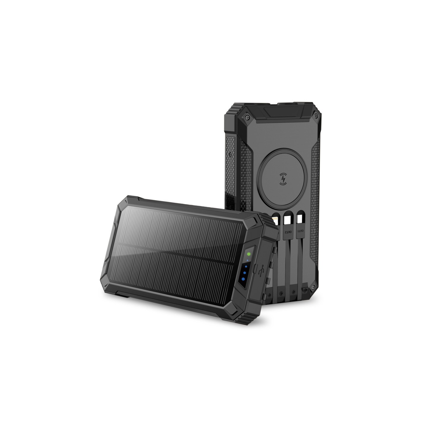 Alpha Digital 20000mAh Solar Power Bank with Wireless Charging and Built-in Cables, Black