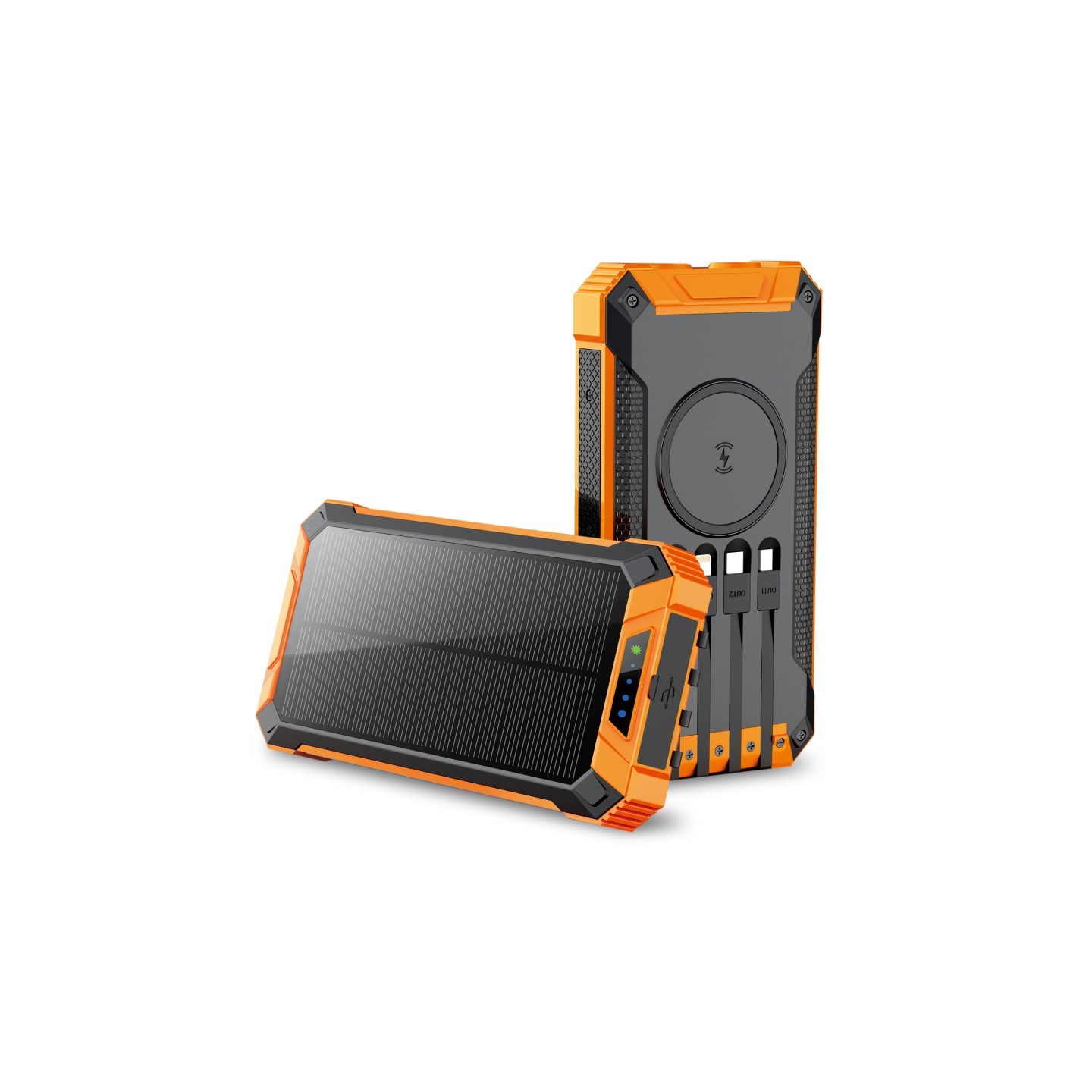 Alpha Digital 20000mAh Solar Power Bank with Wireless Charging and Built-in Cables, Orange