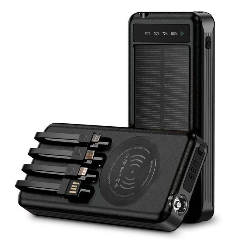 Alpha Digital 10000mAh Solar Power Bank with Wireless Charging and Built-in Cables, Black