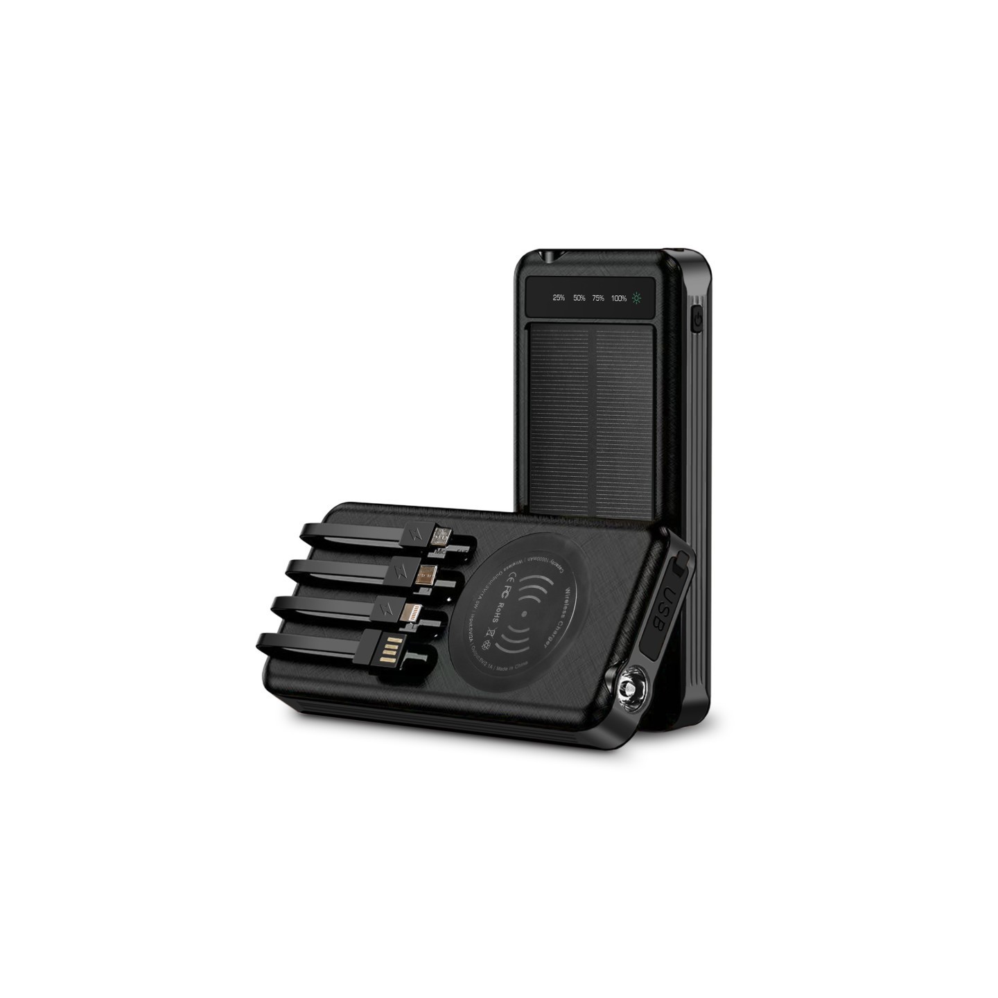 Alpha Digital 10000mAh Solar Power Bank with Wireless Charging and Built-in Cables, Black