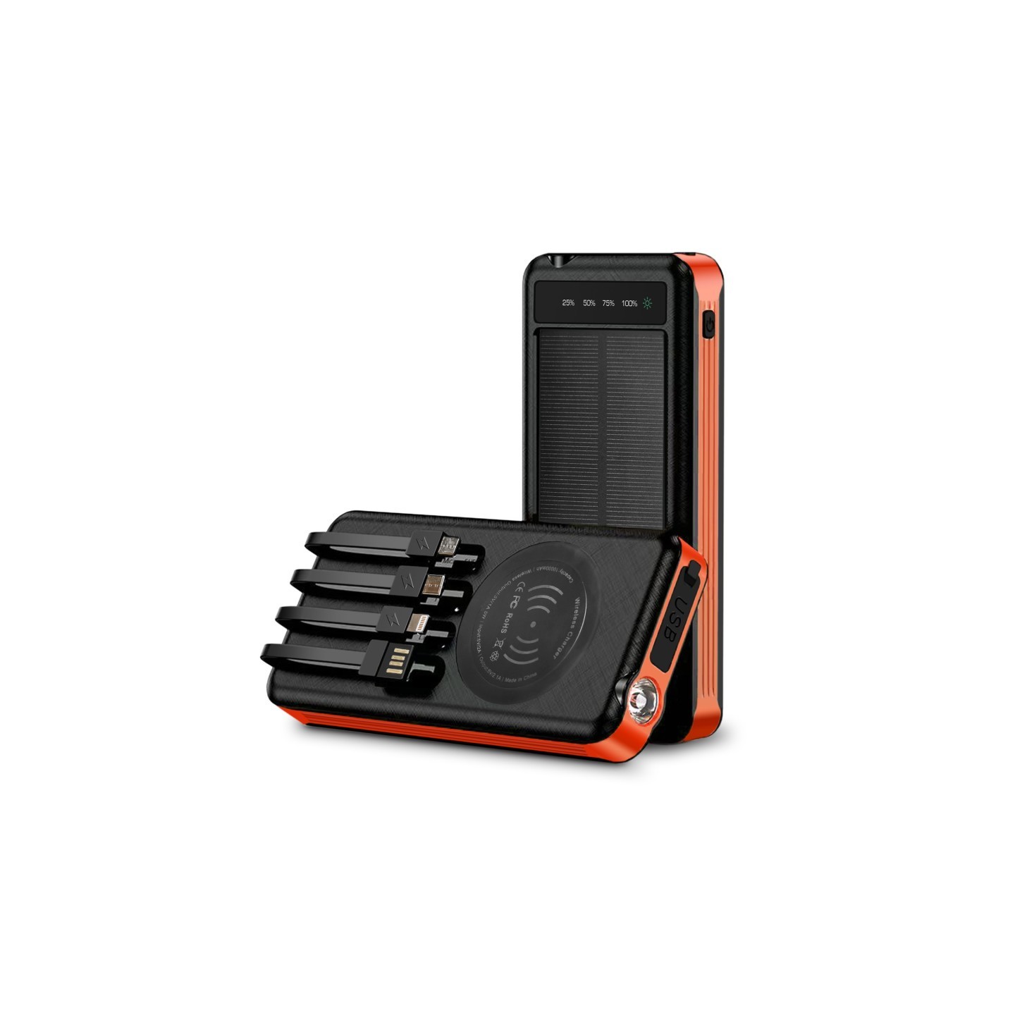 Alpha Digital 10000mAh Solar Power Bank with Wireless Charging and Built-in Cables, Orange