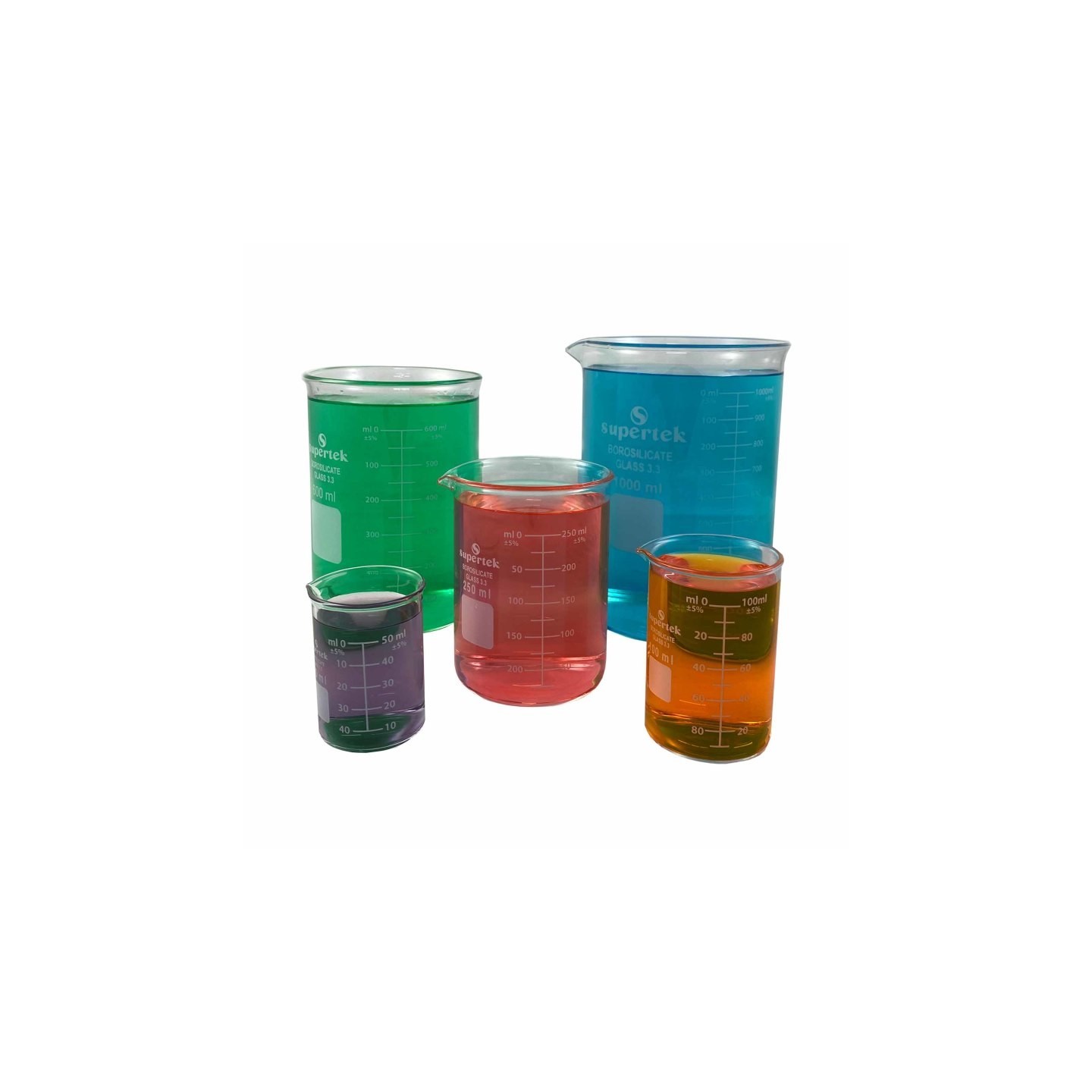 Supertek® Glass Beakers, 50, 100, 250, 600, 1000ml, Set of 5