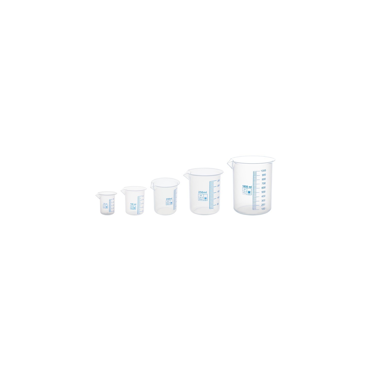 Supertek® Beakers, Polypropylene, 50, 100, 250, 500, 1000ml, Set of 5
