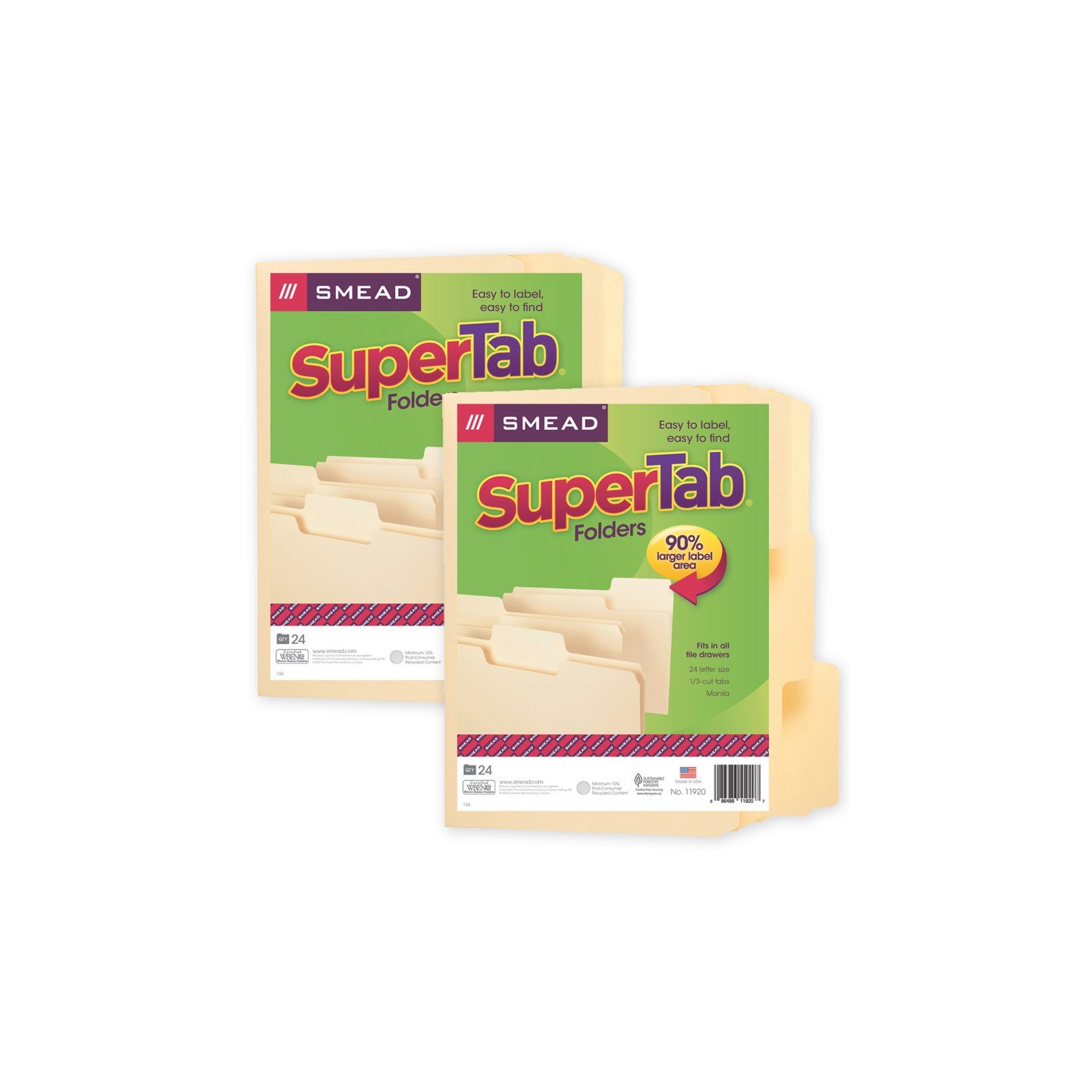 Smead® SuperTab® File Folder, Oversized 1/3-Cut Tab, Letter Size, Manila, 24 Per Pack, 2 Packs