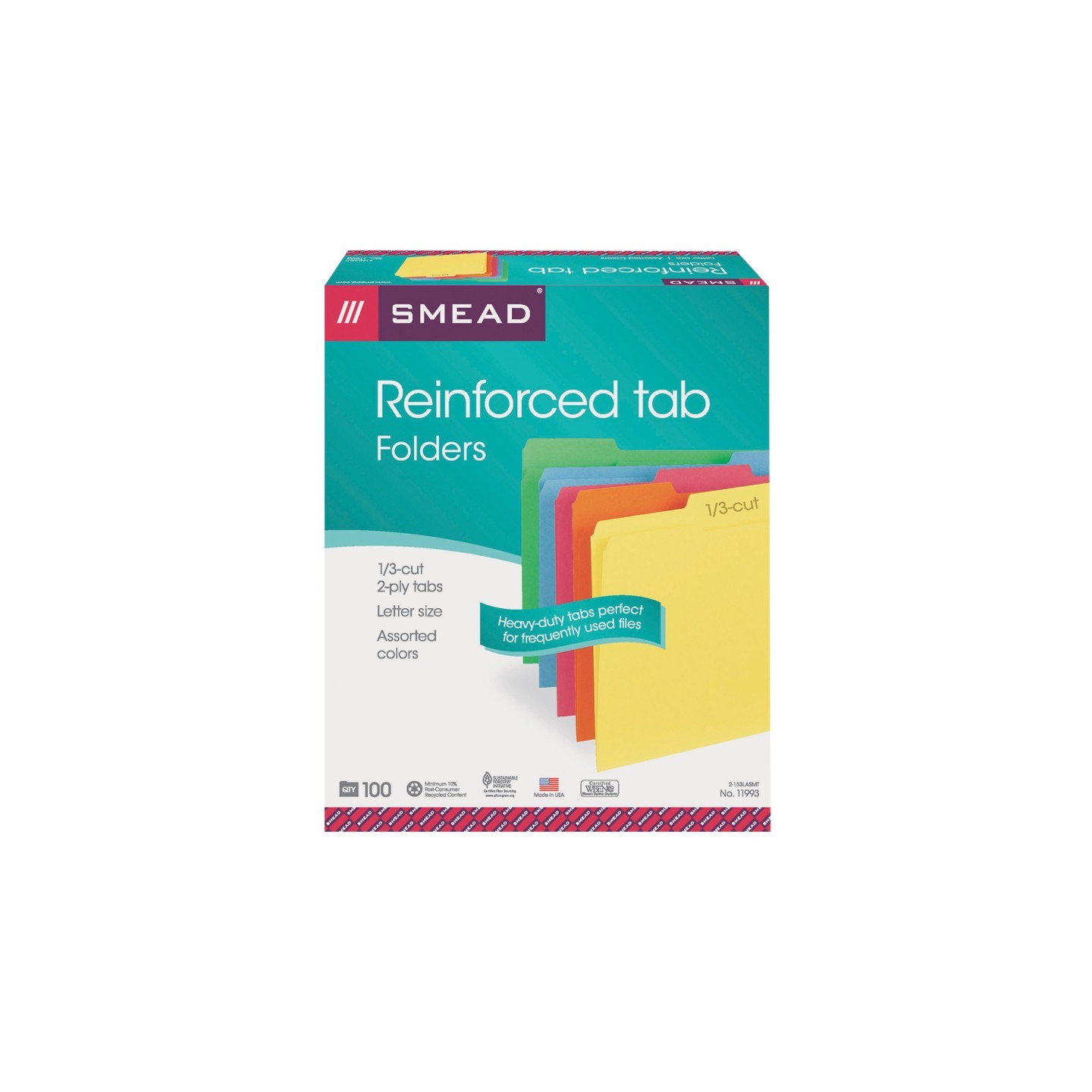 Smead® File Folders, Reinforced 1/3-Cut Tab, Letter Size, Assorted Colors, Box of 100