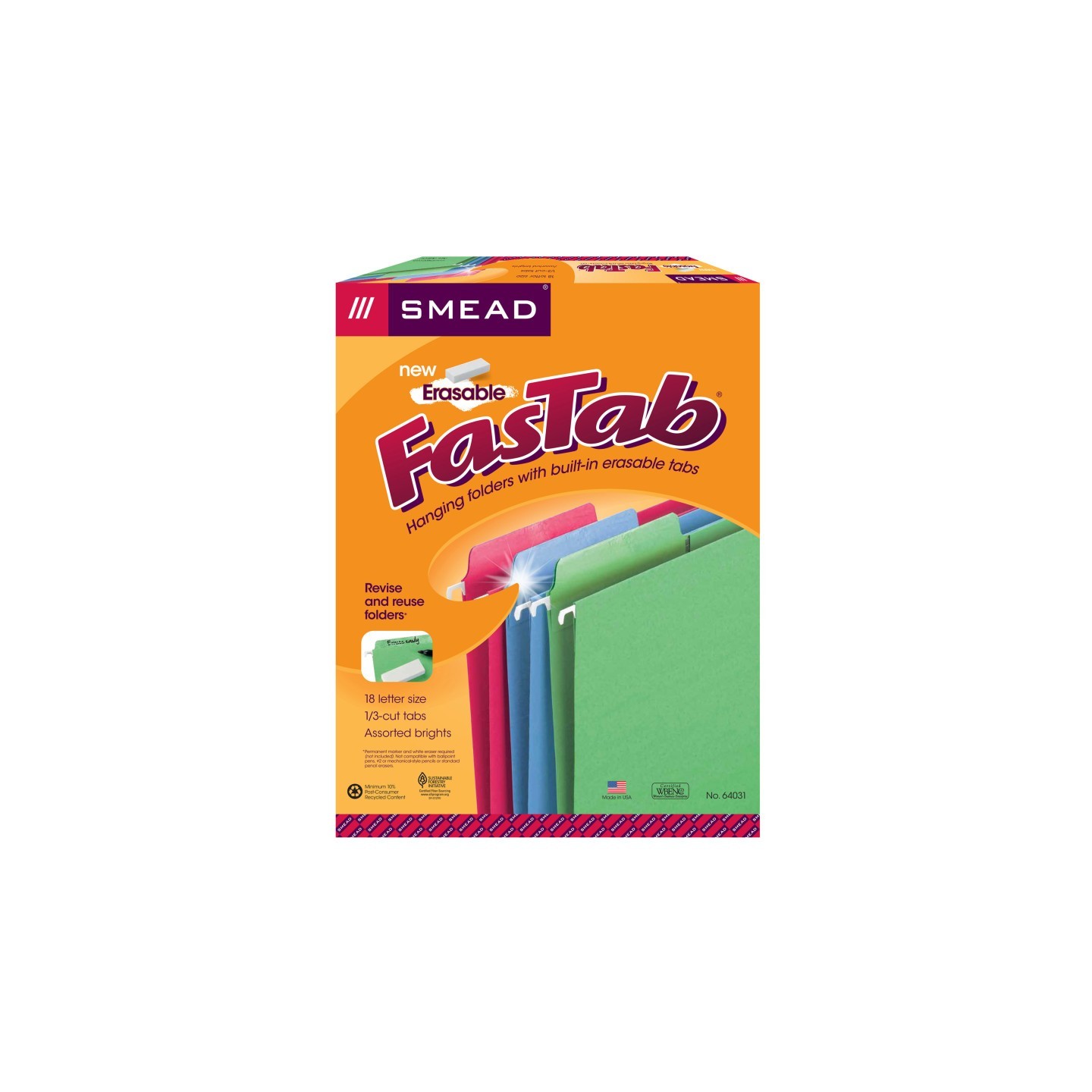 Smead® Erasable FasTab® Hanging File Folder, 1/3-Cut Built-In Tab, Letter Size, Assorted Colors, Box of 18