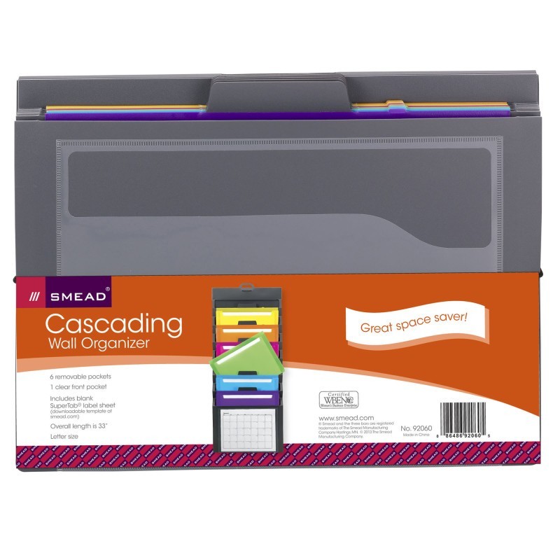 Smead® Cascading Wall Organizer, 6 Pockets, Letter, Gray/Bright