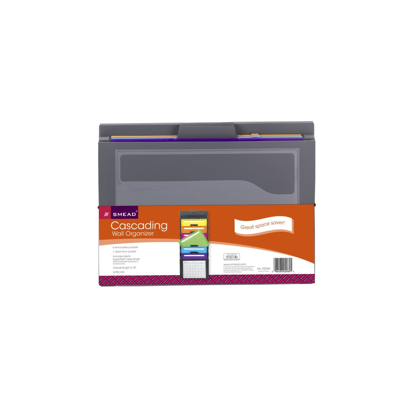 Smead® Cascading Wall Organizer, 6 Pockets, Letter, Gray/Bright