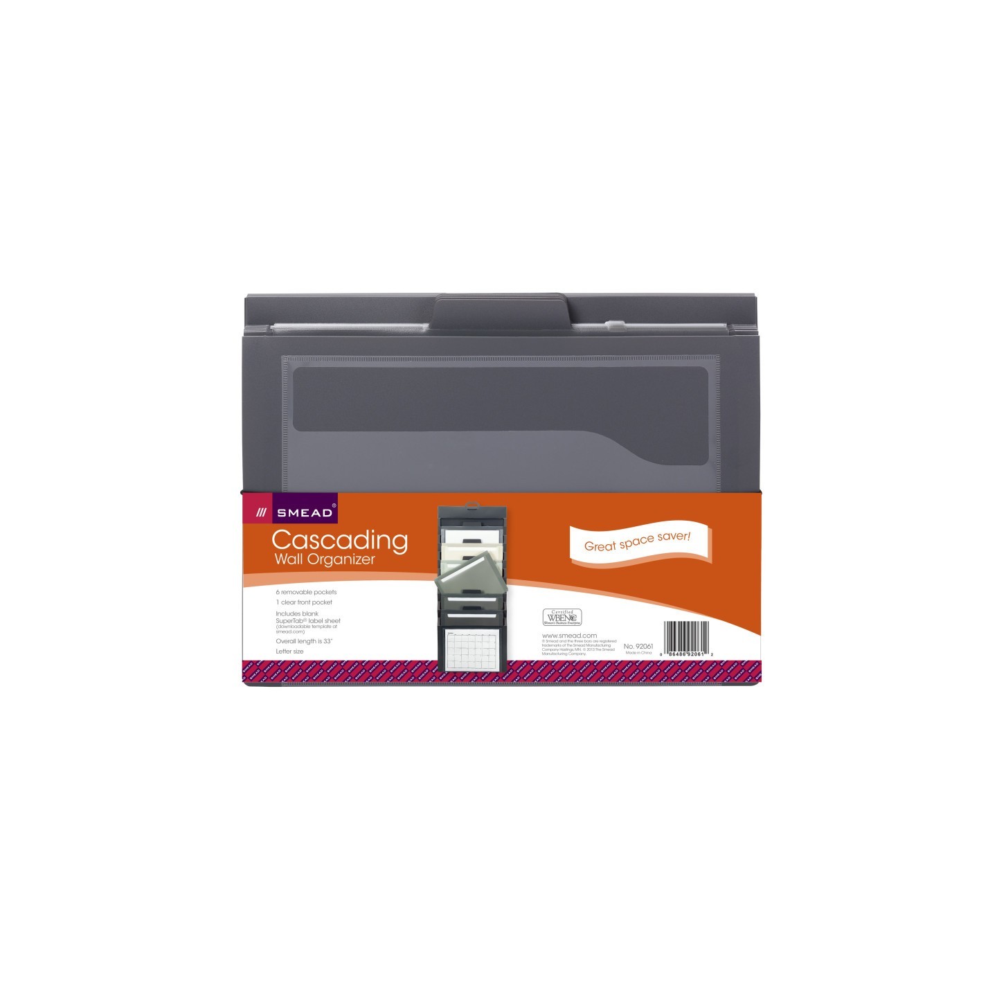 Smead® Cascading Wall Organizer, 6 Pockets, Letter, Gray/Neutral