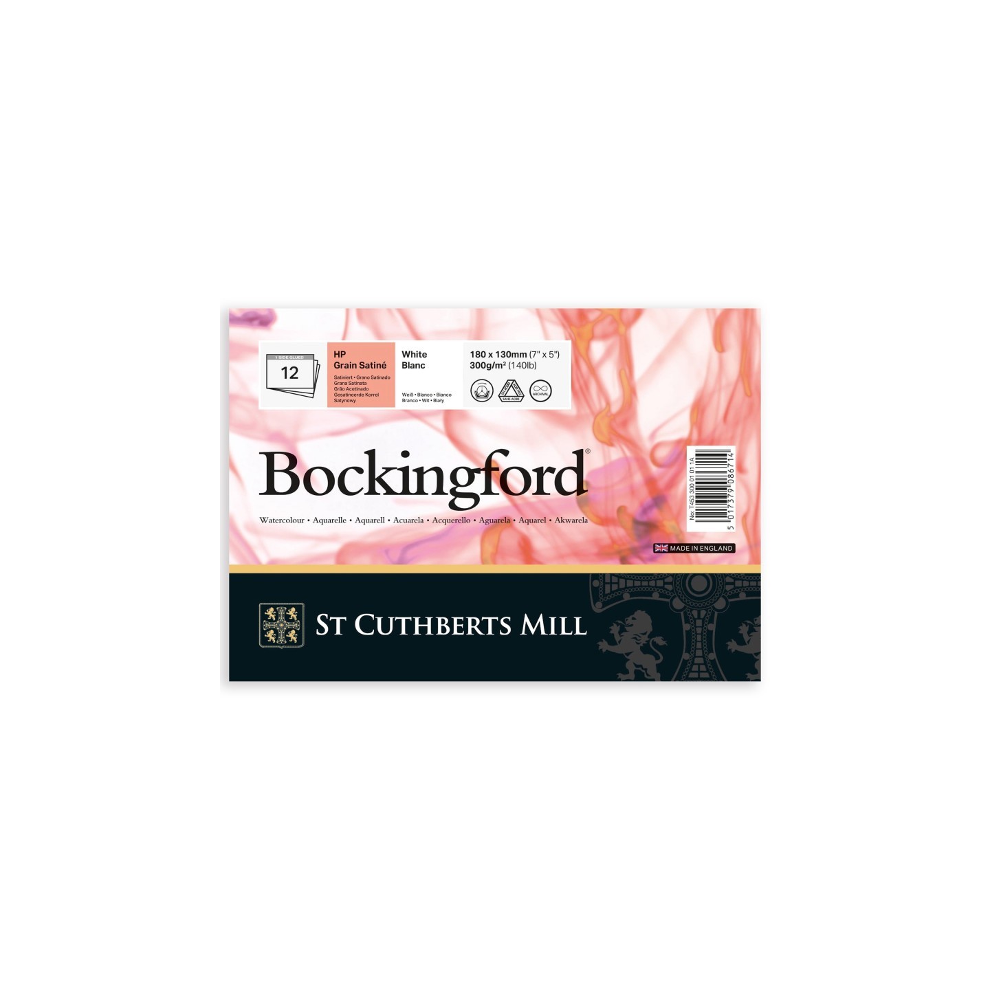 St Cuthberts Bockingford Watercolor Pad, Hot Pressed, White, Glue Binding, 140lb/300gsm, 12 Sheet, 7x5 inch, 1 Count