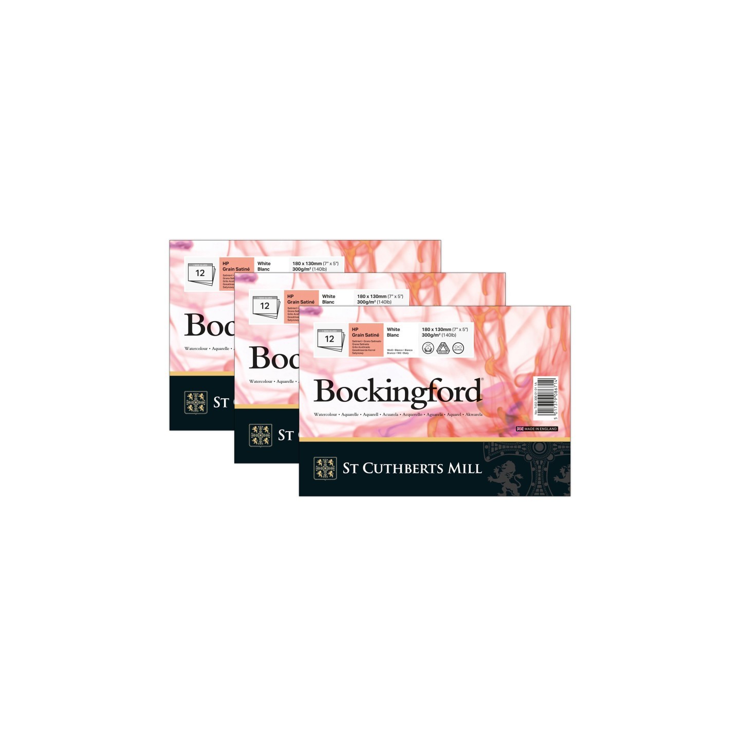 St Cuthberts Bockingford Watercolor Pad, Hot Pressed, White, Glue Binding, 140lb/300gsm, 12 Sheet, 7x5 inch, Pack of 3
