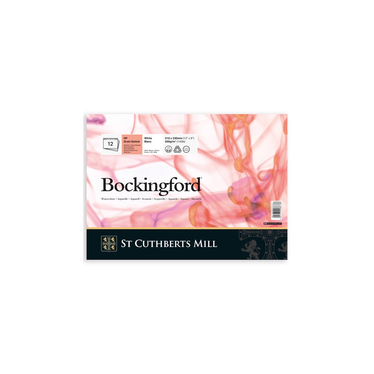 St Cuthberts Bockingford Watercolor Pad, Hot Pressed, White, Glue Binding, 140lb/300gsm, 12 Sheet, 9x12 inch, 1 Count